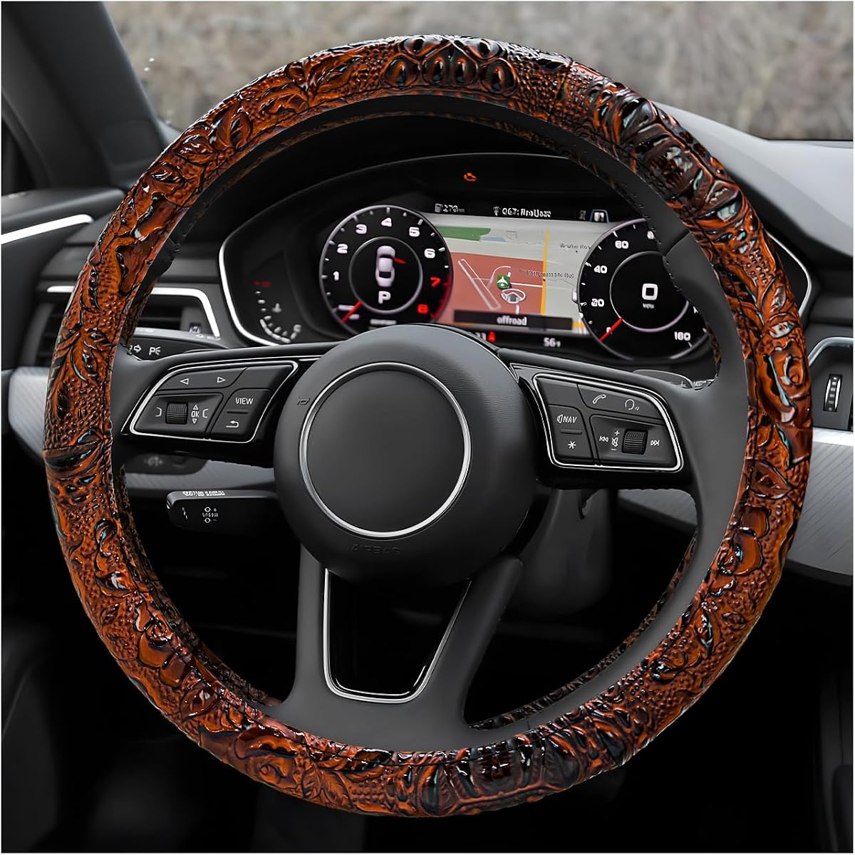 Leather Car Steering Wheel Cover, 15" Crocodile Pattern Anti Slip Car Wheel Wrap with Rose Grain, Four Seasons Universal Auto Steering Wheel Protector for Cars Trucks SUVs (Brown)