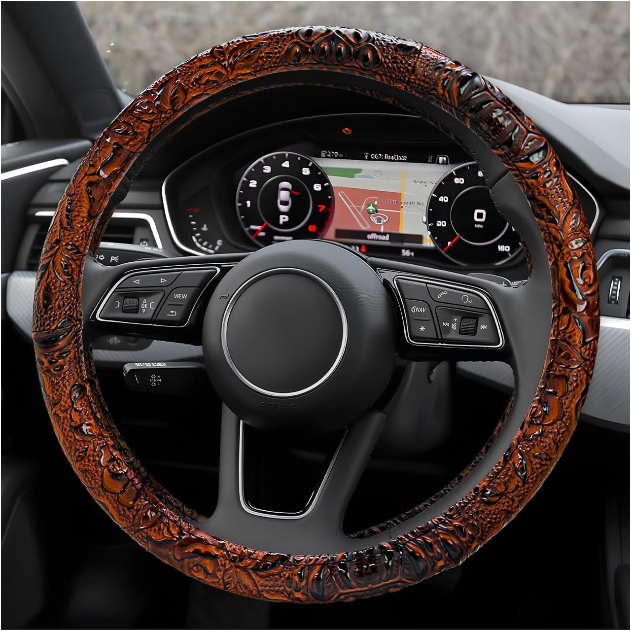 Leather Car Steering Wheel Cover, 15" Crocodile Pattern Anti Slip Car Wheel Wrap with Rose Grain, Four Seasons Universal Auto Steering Wheel Protector for Cars Trucks SUVs (Blue)
