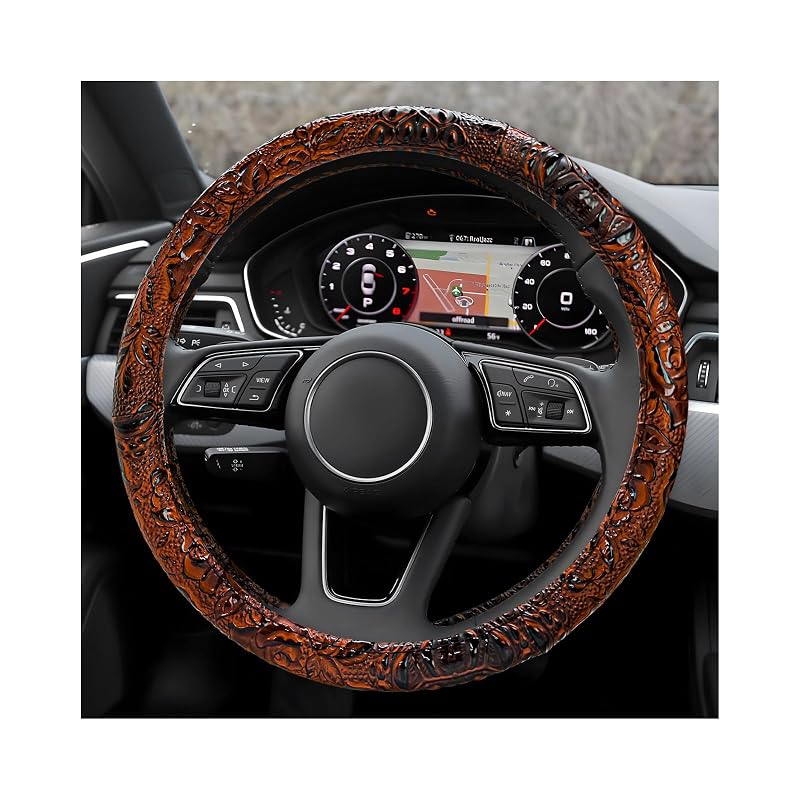 Capa para Volante em Couro com Padrão Crocodilo e Rosas, Marrom, 37–38 cm, NYTKL, 1 unidade