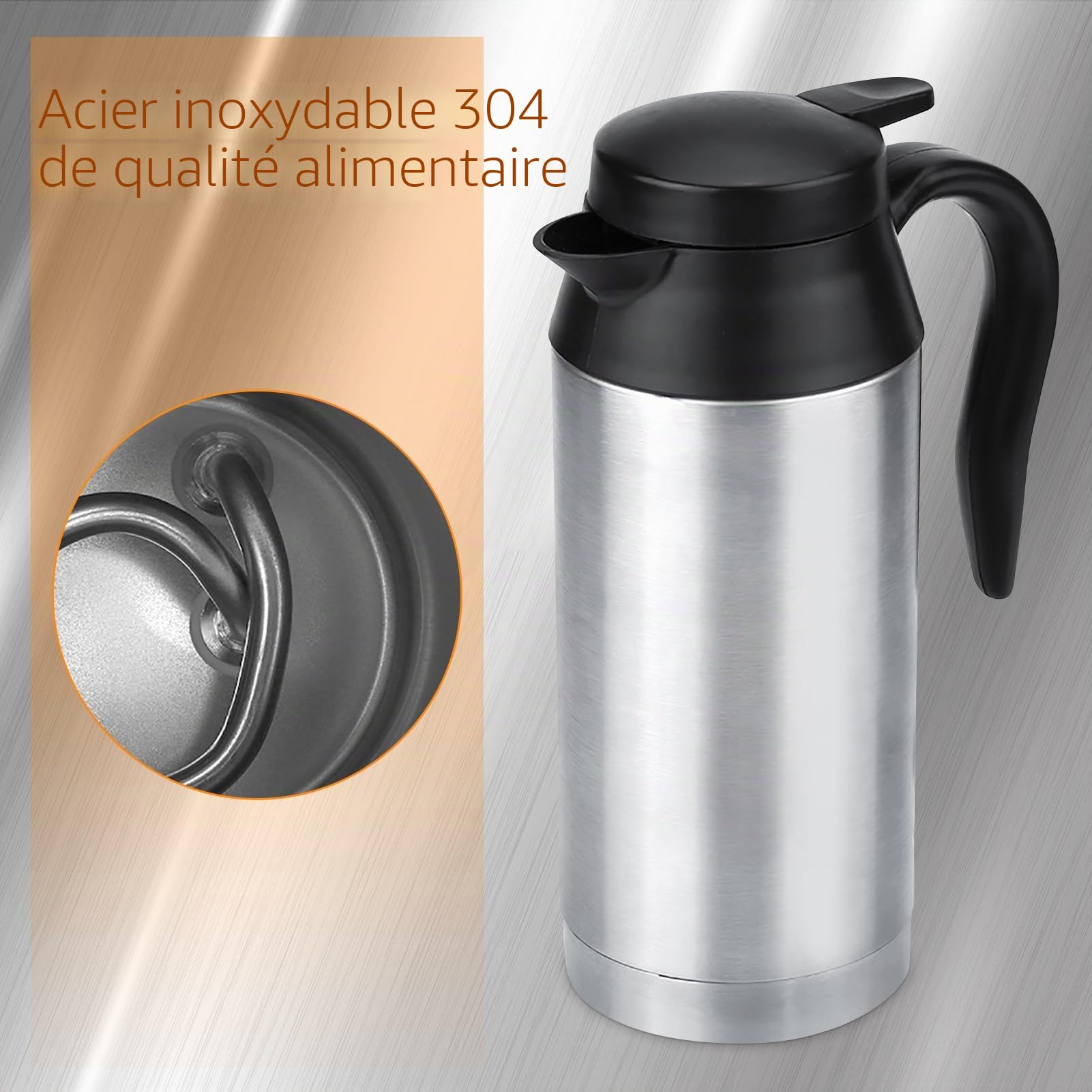 Wakects Bouilloire de Voyage 750ml pour Voiture en Acier Inoxydable, DC 12V 120W Allume Cigare Portable pour Eau Chaude, Café