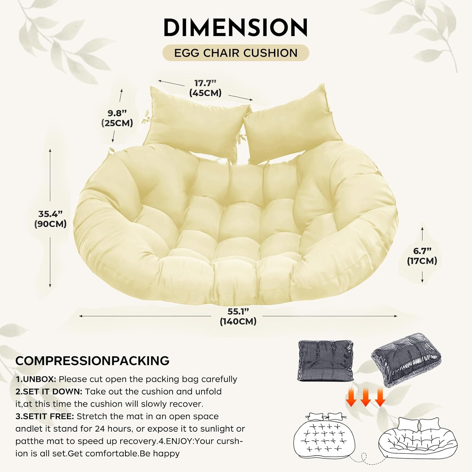 Patio Double Chair Cushion Replacement 55x35in Thickened Memory Foam Large Double Egg Swing Chair Cushions Outdoor Hnaging Basket Egg Chair Cushion 55x35in (Biege)
