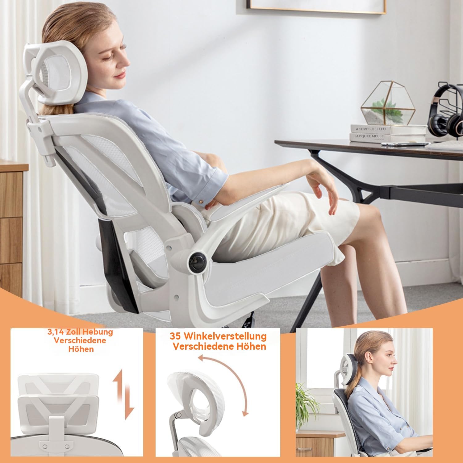 Ergonomischer Bürostuhl - Weiß | Höhenverstellbarer Schreibtischstuhl mit Hochrücken,Mesh und Lendenstütze,Hochklappbaren Armlehnen | Für Homeoffice,Gaming,Studium