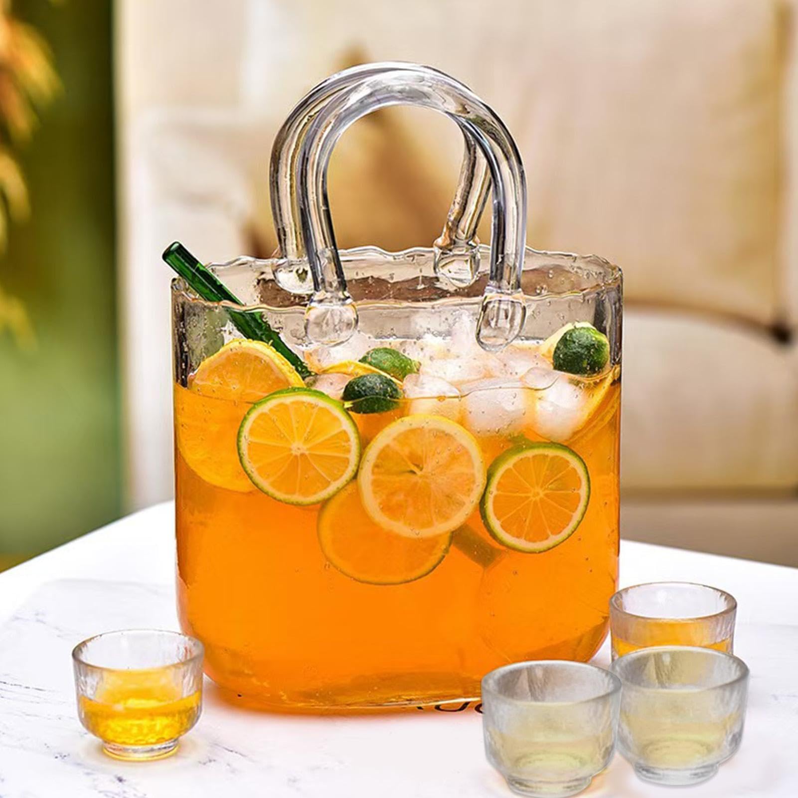 Genérico Vasos de Agua 2340 ml Vaso Transparente con Forma de Bolso y 4 | Incluye 4 Vasos Pequeños para , Bodas, Brunch, Té de la Tarde, Reuniones, Cumpleaños, Hogar y Cocina