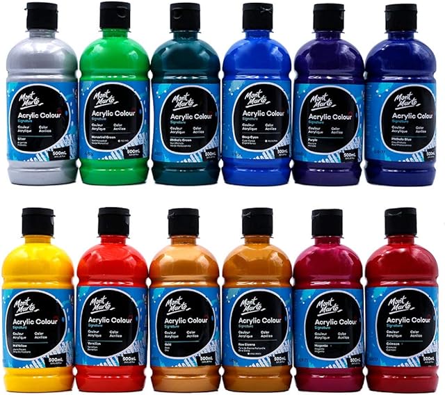 Mont Marte Signature Acrylic Color Paint Set, 12 x 16.9oz (500ml), Semi-Matte Finish, 12 Vibrant Colors, Suitable for Canvas, Wood, Fabric, Leather, Cardboard, Paper, MDF and Crafts