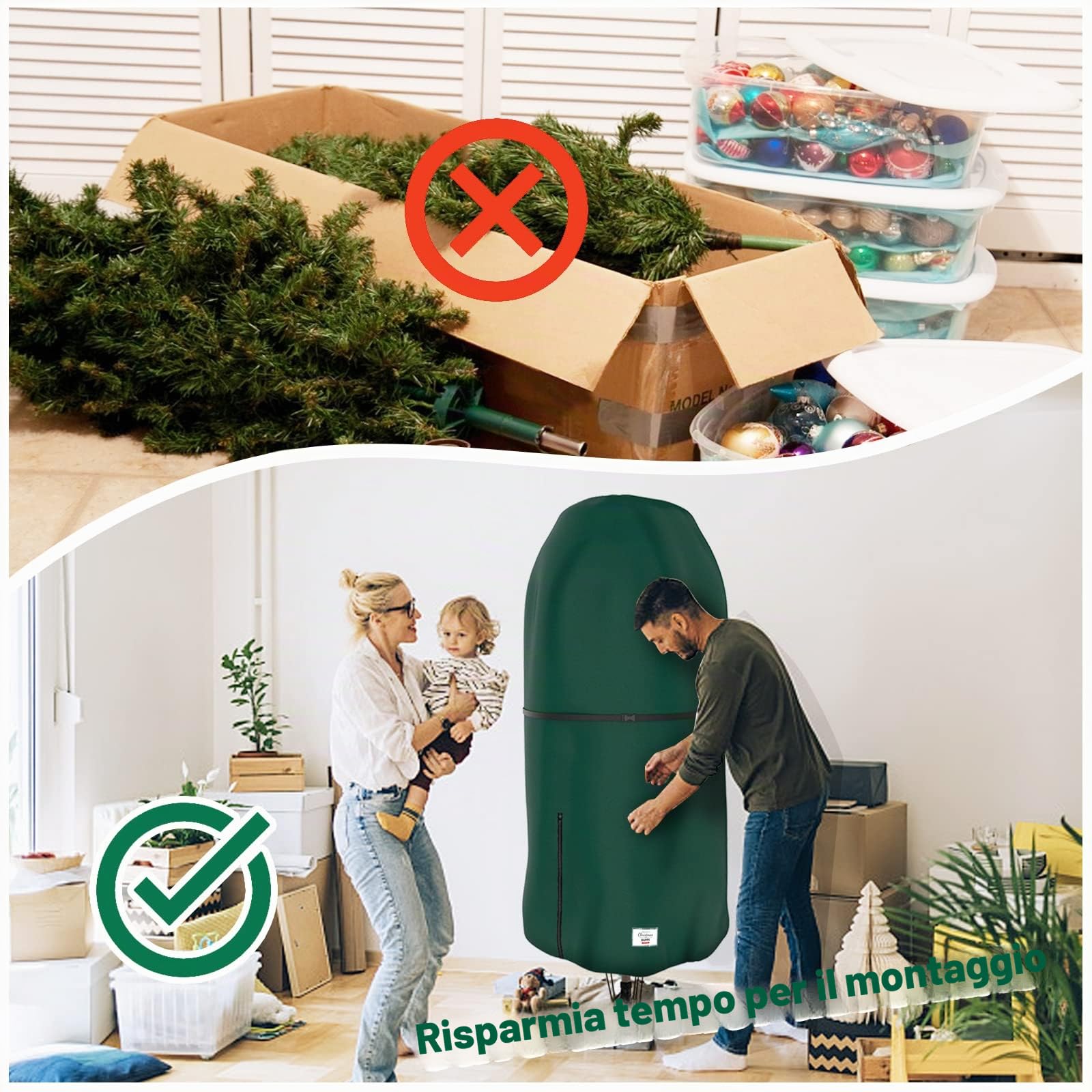 Borsa portaoggetti per albero di Natale, impermeabile Oxford con doppie cerniere, custodia per il trasporto per alberi di Natale fino a 6 piedi e altre decorazioni natalizie, verde..…
