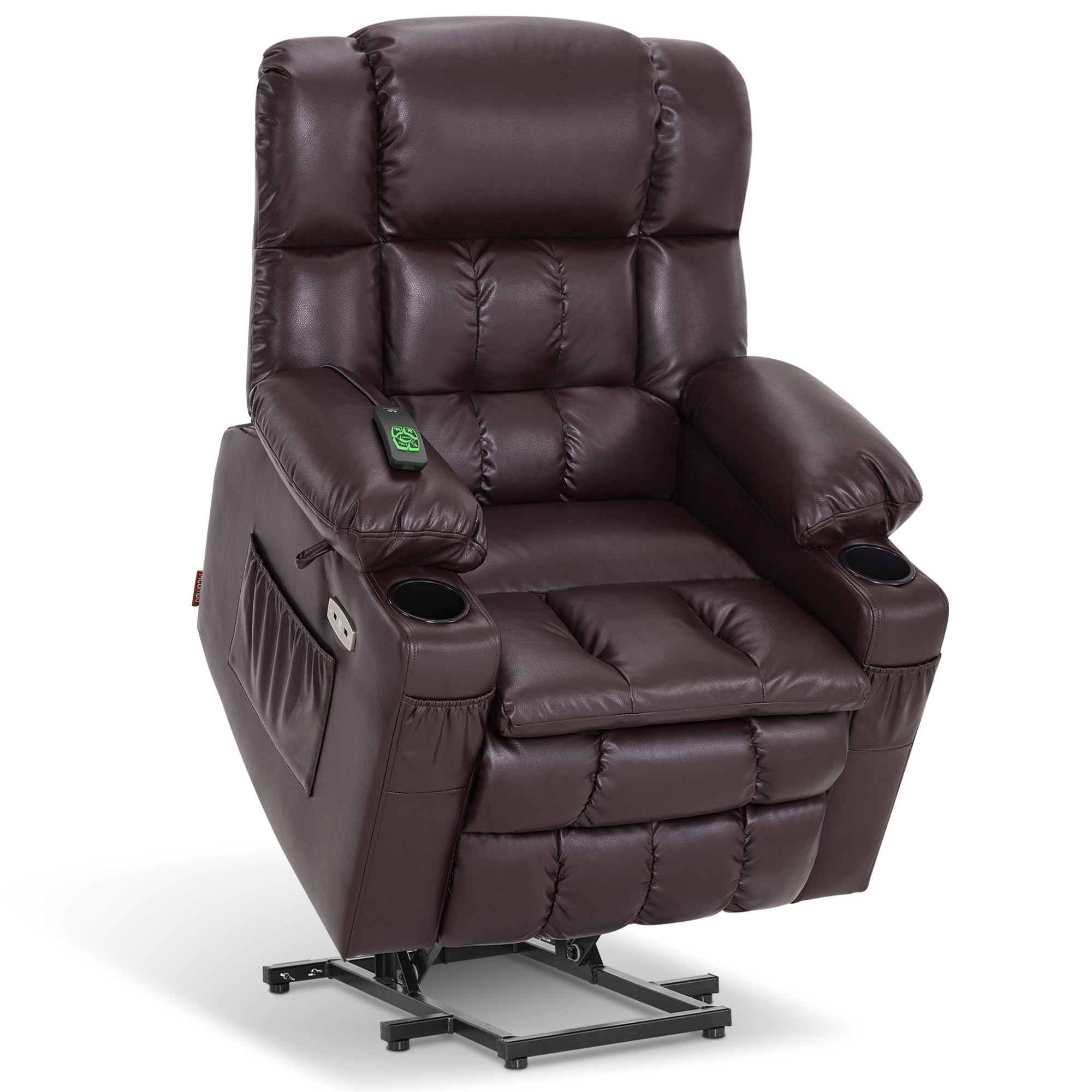 MCombo Dual Motor Power Lift Recliner Chair for Elderly, Lay Flat Lift Chair with Heat and Massage, Cup Holders, USB Ports, Faux Leather 7890 (Dark