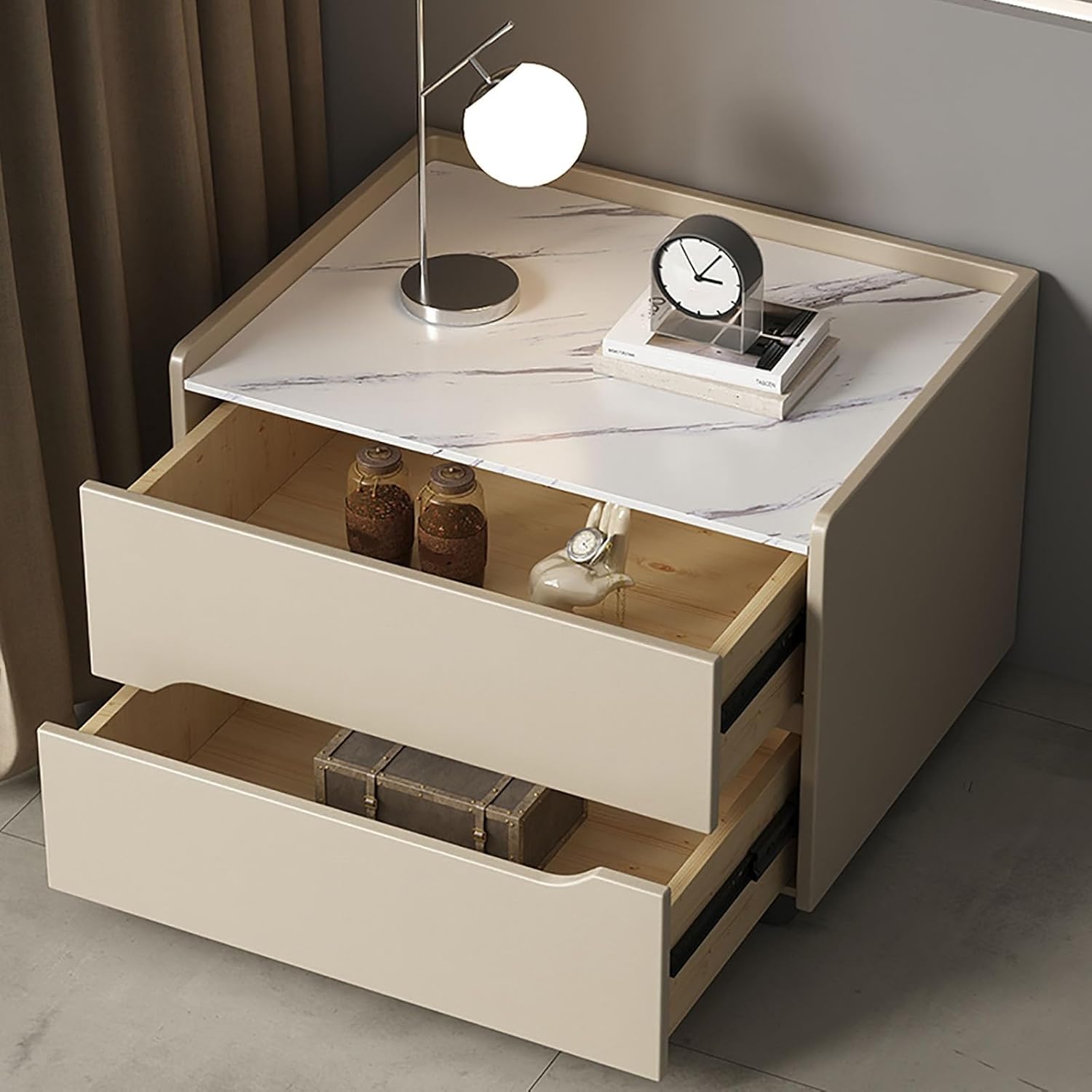 レザーラップ付き無垢材ナイトスタンド、2つのスラントヘッド ベッドサイドテーブルスタイルの収納キャビネット、マルチカラーのベッドサイ