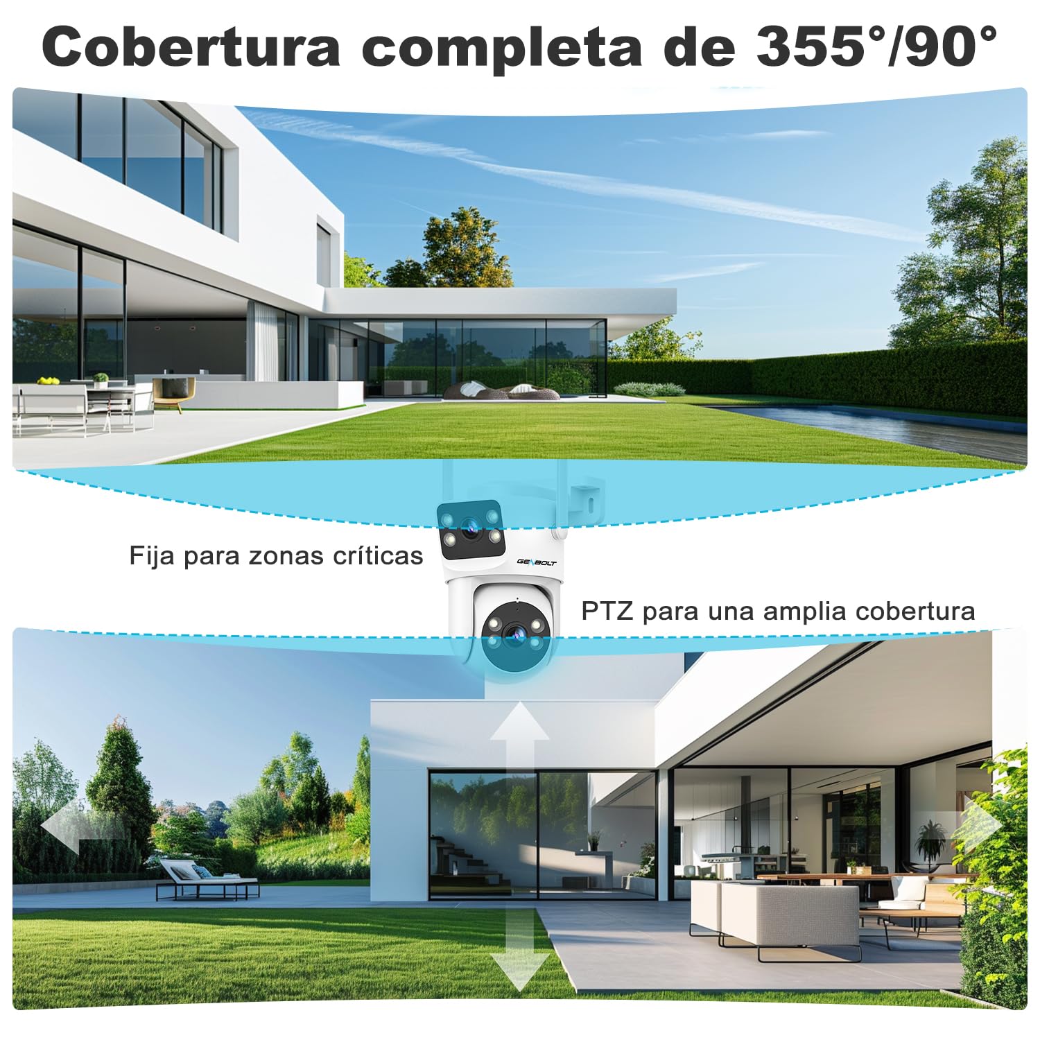 GENBOLT PTZ Cámara Vigilancia WiFi Exterior Doble Lente | 2,4/5GHz, PoE, Grabación 24/7, CCTV Domicilio del Hogar, Visión Nocturna Color, Seguimiento Auto, Detección Humana
