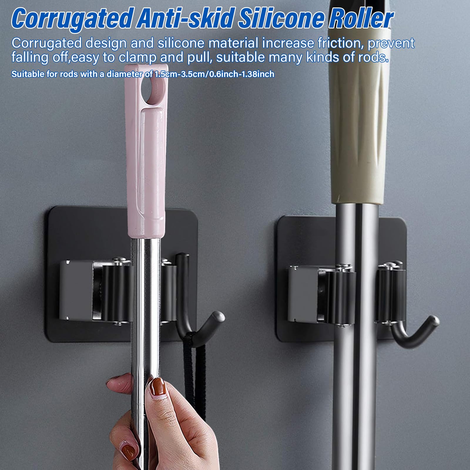 8 Pcs Besenhalterung Wand Selbstklebend, Wandhalterung für Küche, Zuhause, Badezimmer, Garage, Garten - Schwarz