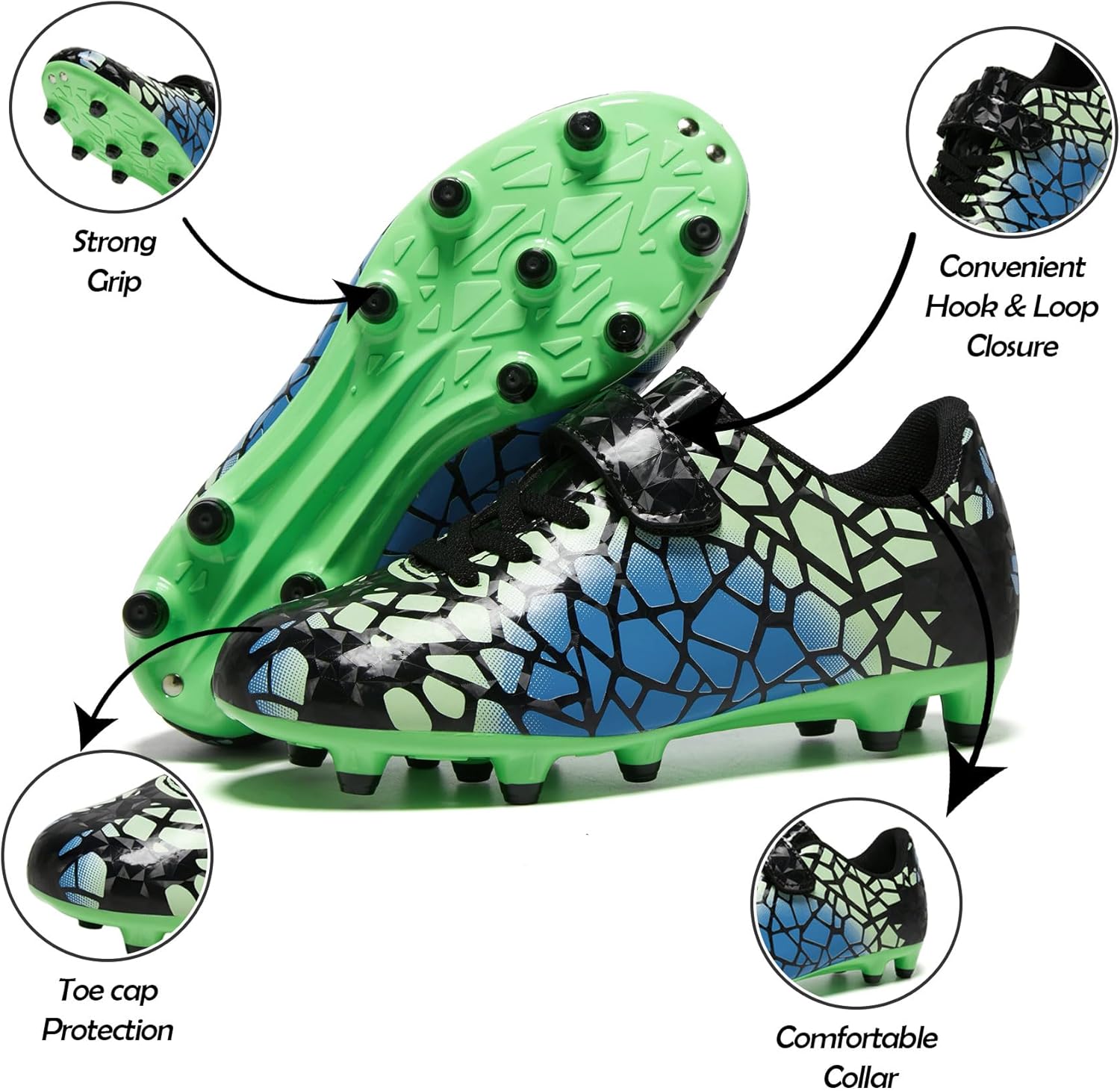 Kids Soccer Cleats Boys Girls Firm Ground Football Shoes with Hook and Loop Strap Easy Clean Bright Colours Baseball Boots
