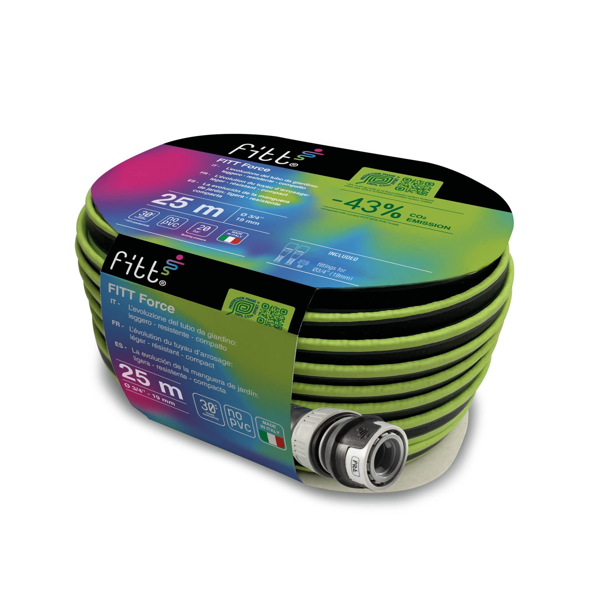 FITT FORCE 3/4" 25 m, Manguera de Agua para Riego de Jardín, Ligera, Resistente y Compacta, para Uso Intensivo, color Lime, -43% CO2e