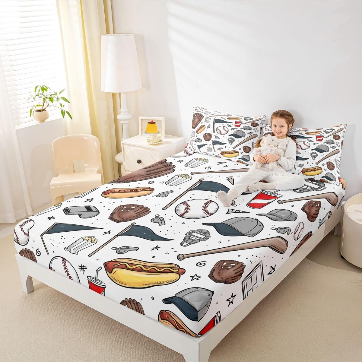 Cartoon Baseball Fitted Sheet Twin Size (No Flat),Snack Hot Dog Coke Bedding Sets 2Pcs,Kids Girls Boys Room Decor,Flag Whistle Star Print Bed Sheets Ball Games Sports Deep Pocket Sheet,1 Pillowcase