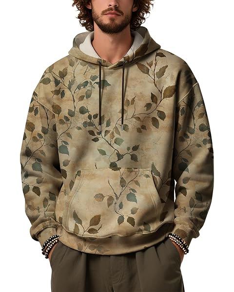Mens Camo Hoodies Pullover Sweatshirts Hooded Long Sleeve Fleece Leaf Graphic Casua...