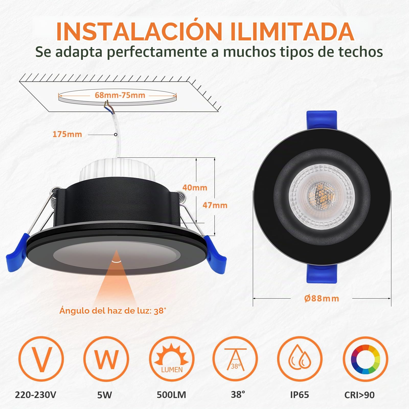 KYOTECH Foco LED Empotrable 230V 5W IP65 68-75 mm 3000K 6PCS Negro | 500LM Downlight LED Techo Empotrable Luz Blanca Cálida para Baño Cocina Salón