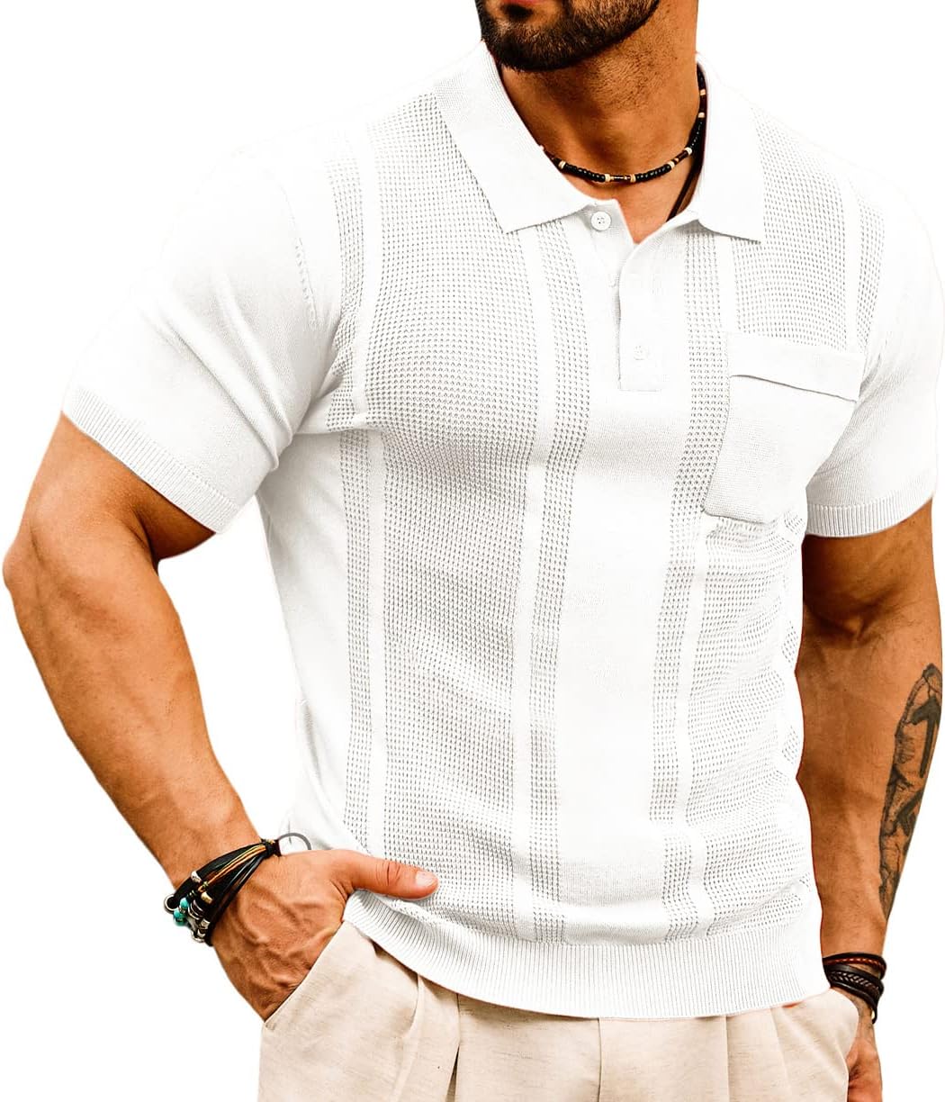 GRACE KARIN Mens Knit Polo Shirts Short Sleeve Knitted Texture Lightweight Waffle Golf Shirts Sweater