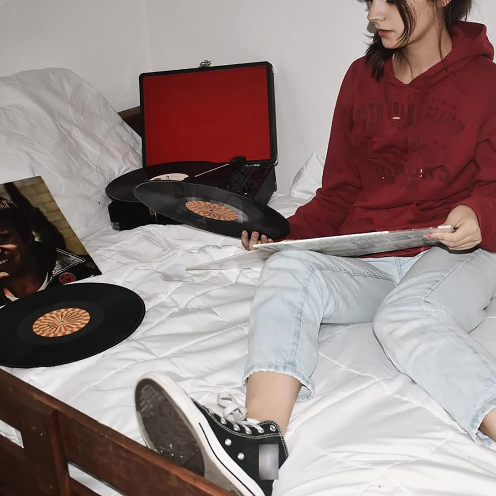 Giradischi portatile Bluetooth con altoparlanti stereo, giradischi in vinile supporta 3 velocità, riproduzione USB, ingresso AUX per gli amanti della musica e decorazione domestica