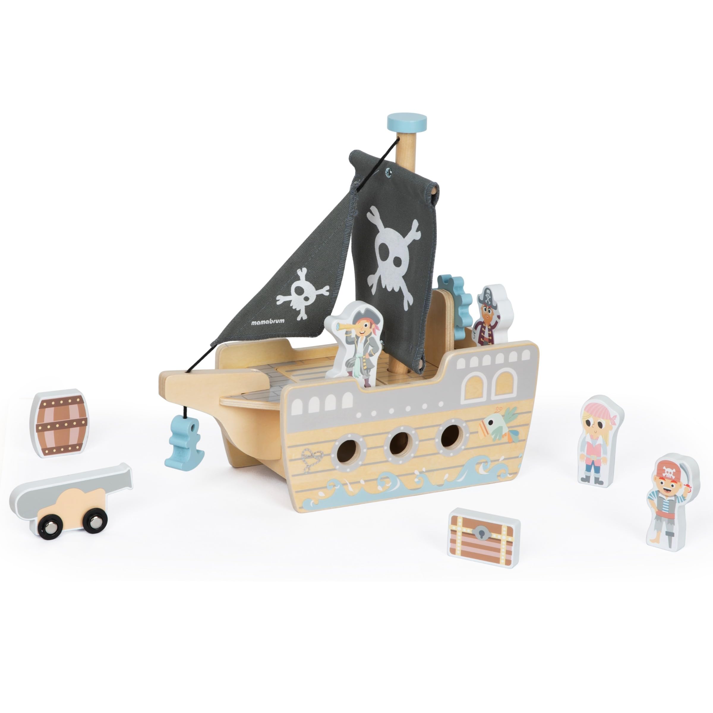 mamabrum Nave Pirata in Legno per Bambini dai 3 Anni in su, Nave Giocattolo con Ponte Apribile e Accessori Inclusi, Nave Pirata Giocattolo con Figure di Pirati