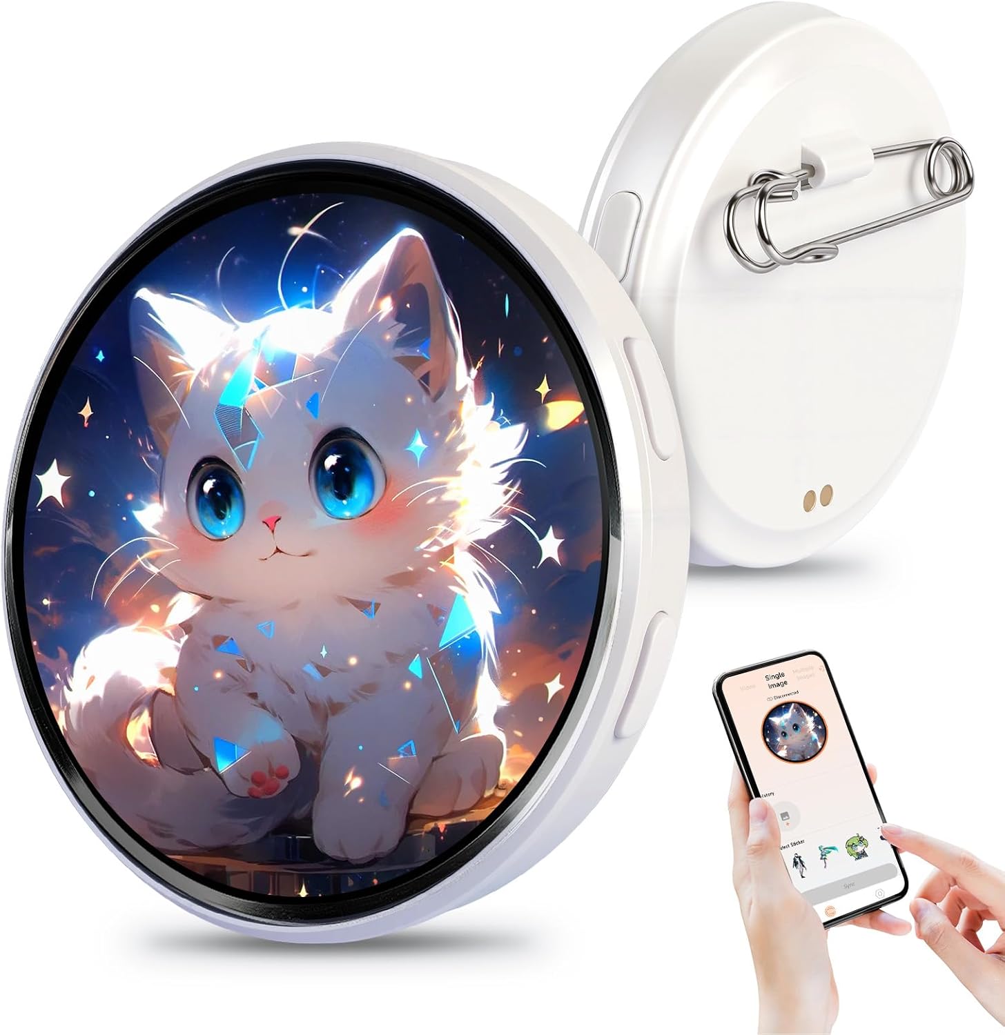 Digital Badge Pin with Anime Themed Pixel Screen - Smart E-Badge for Backpacks Cool Button Display Photo Name Tag - Perfect Electronic Gift for Anime Enthusiasts