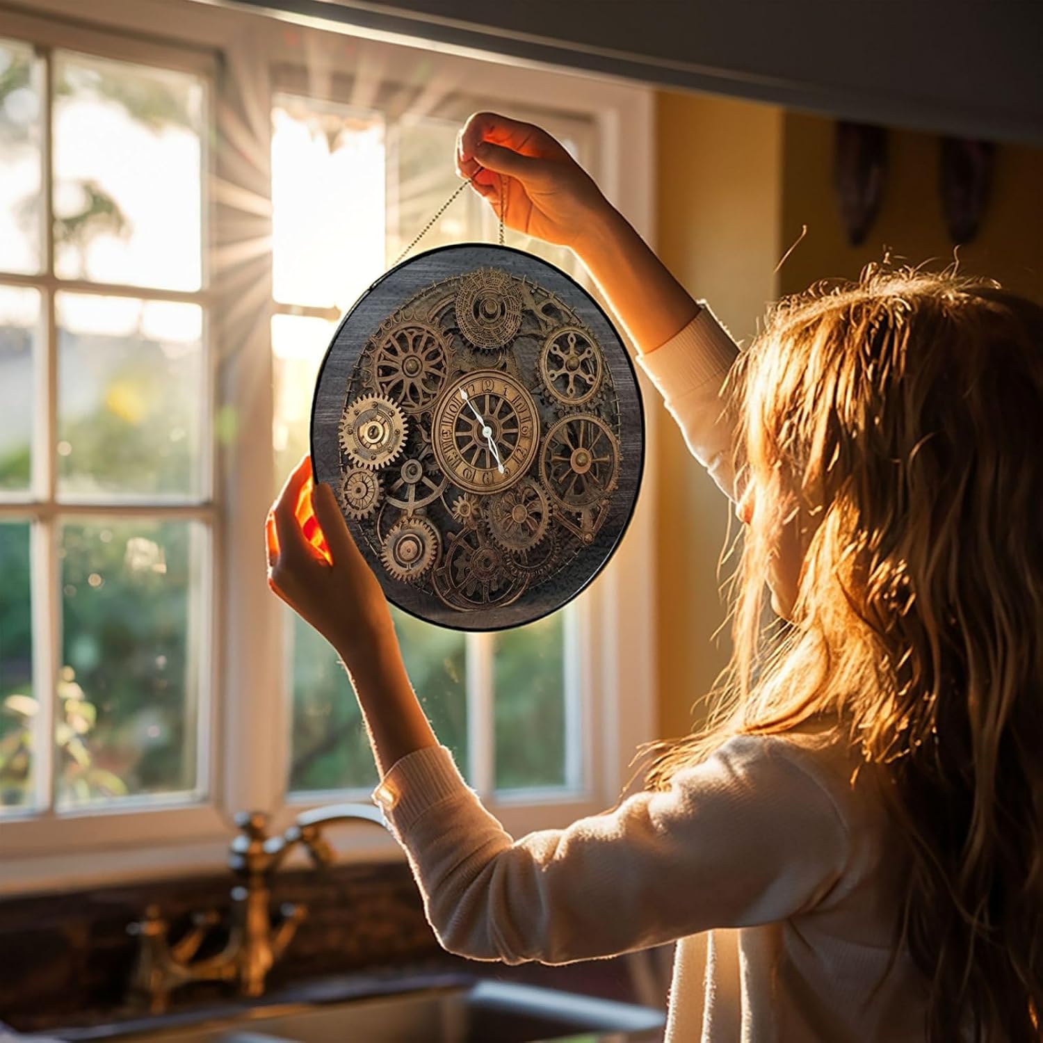 Stained Glass Window Hanging 10in Window Suncatcher Glass Panel with Metal Chain Steampunk Gears Clock Sun Catchers Wall Art Home Decor Gift for Women Mother's Day