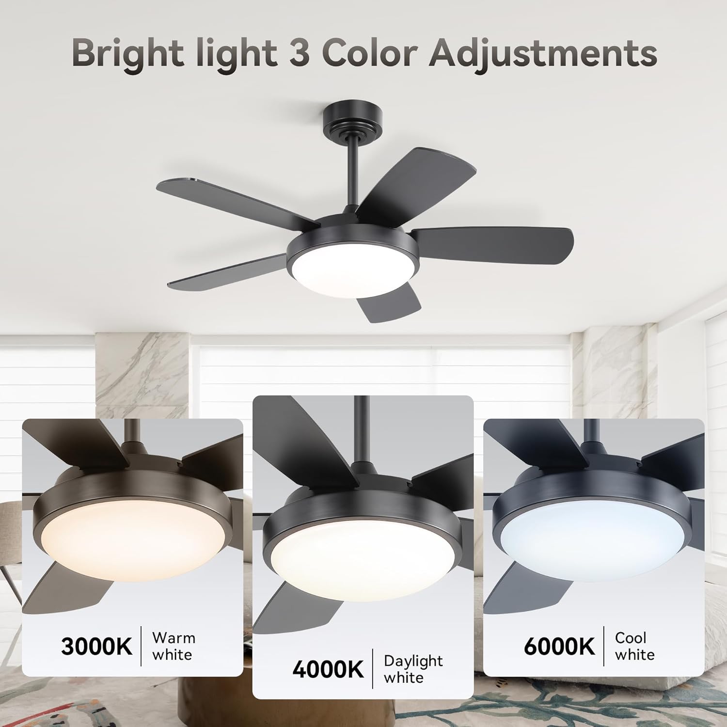 42 Inch New Black Ceiling Fan with 22W LED Light and Remote Control MDF Blades Reversible DC Motor, Matte Black, Anti-Corrosion