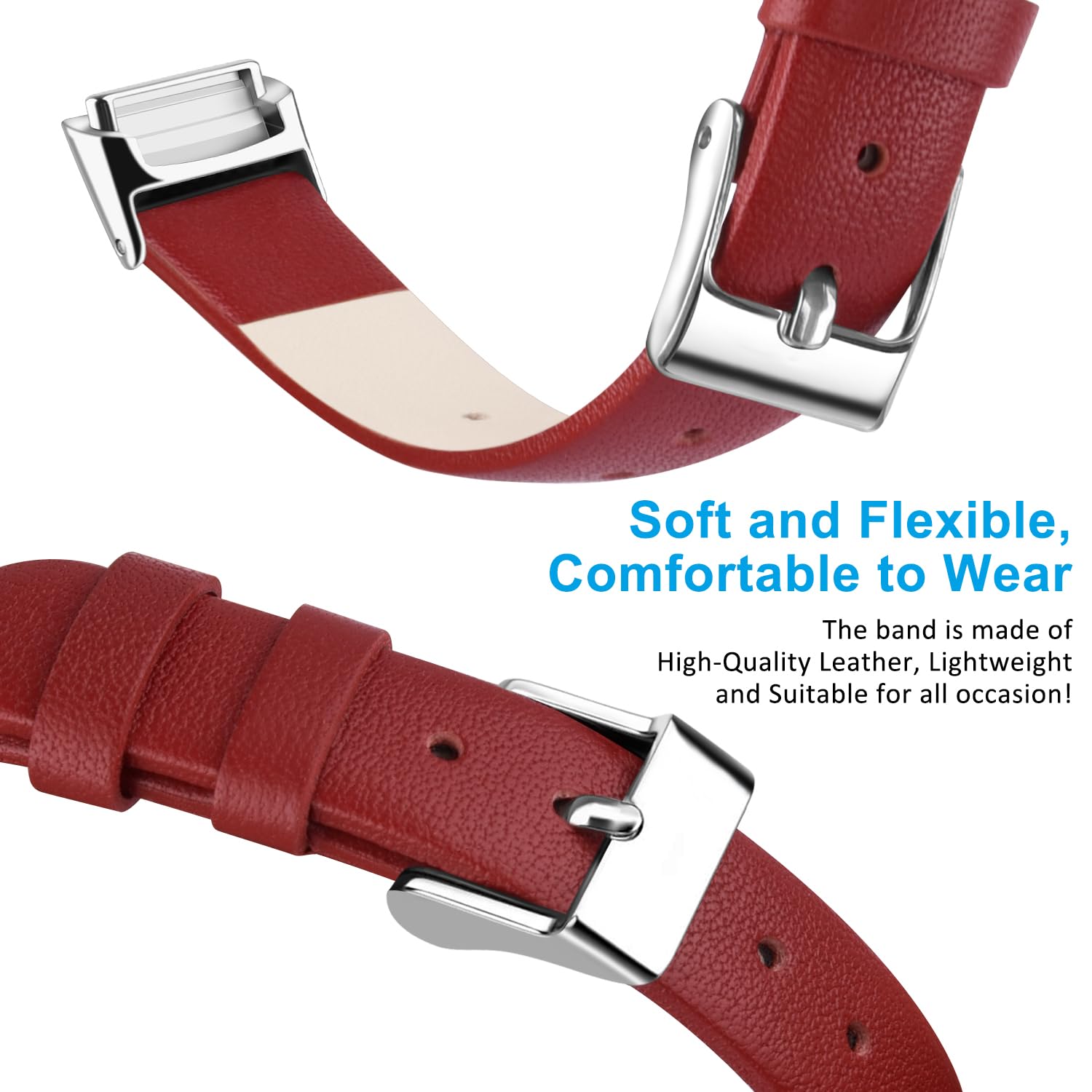 Mugust Straps Compatible with Fitbit Luxe Leather Strap for Women Men Leather Adjustable Sport Replacement Wrist Bands for Fitbit Luxe Only (Red) - Image 4