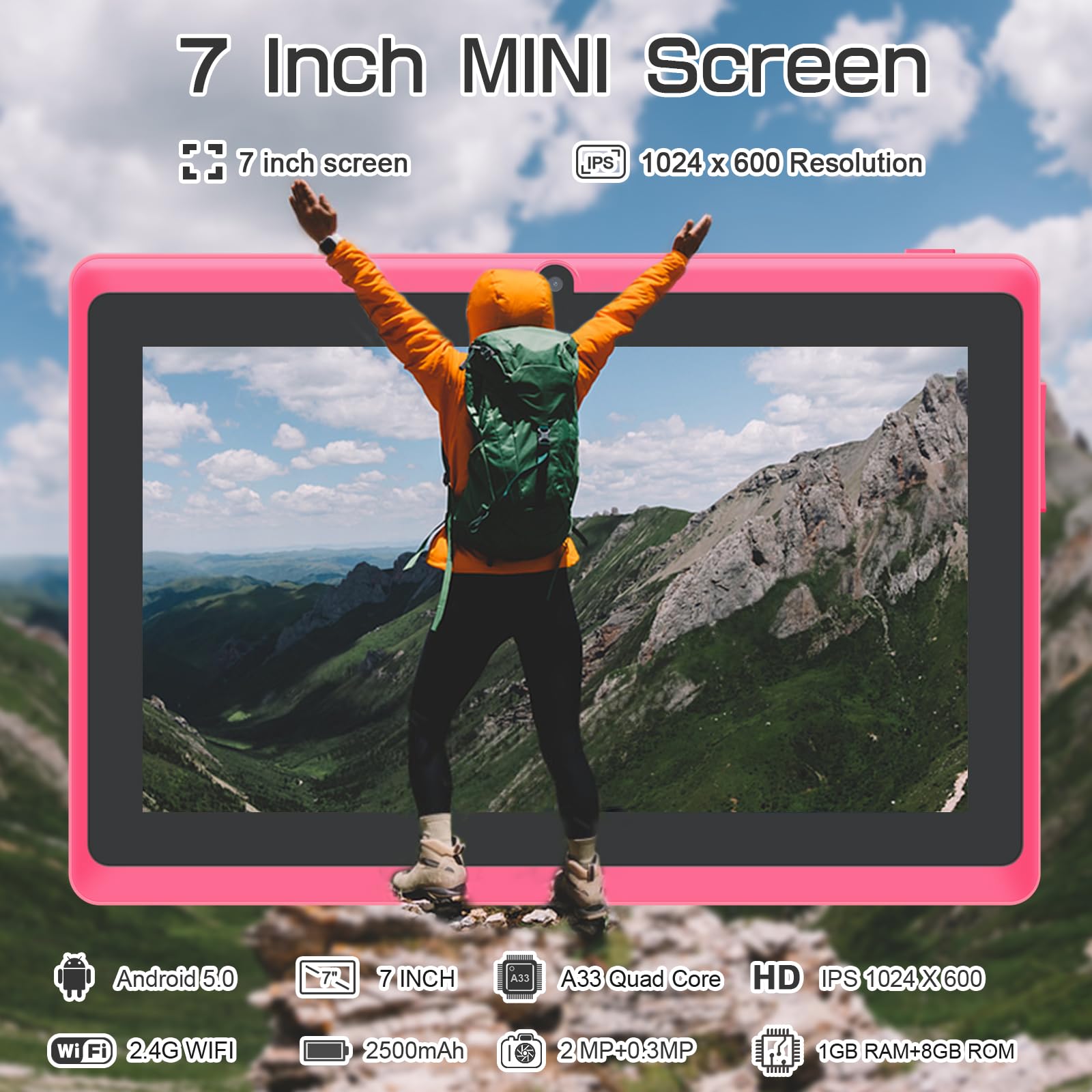 Tablet 7 Pollici Android, Doppia Fotocamera, WiFi, Bluetooth, Azzurro