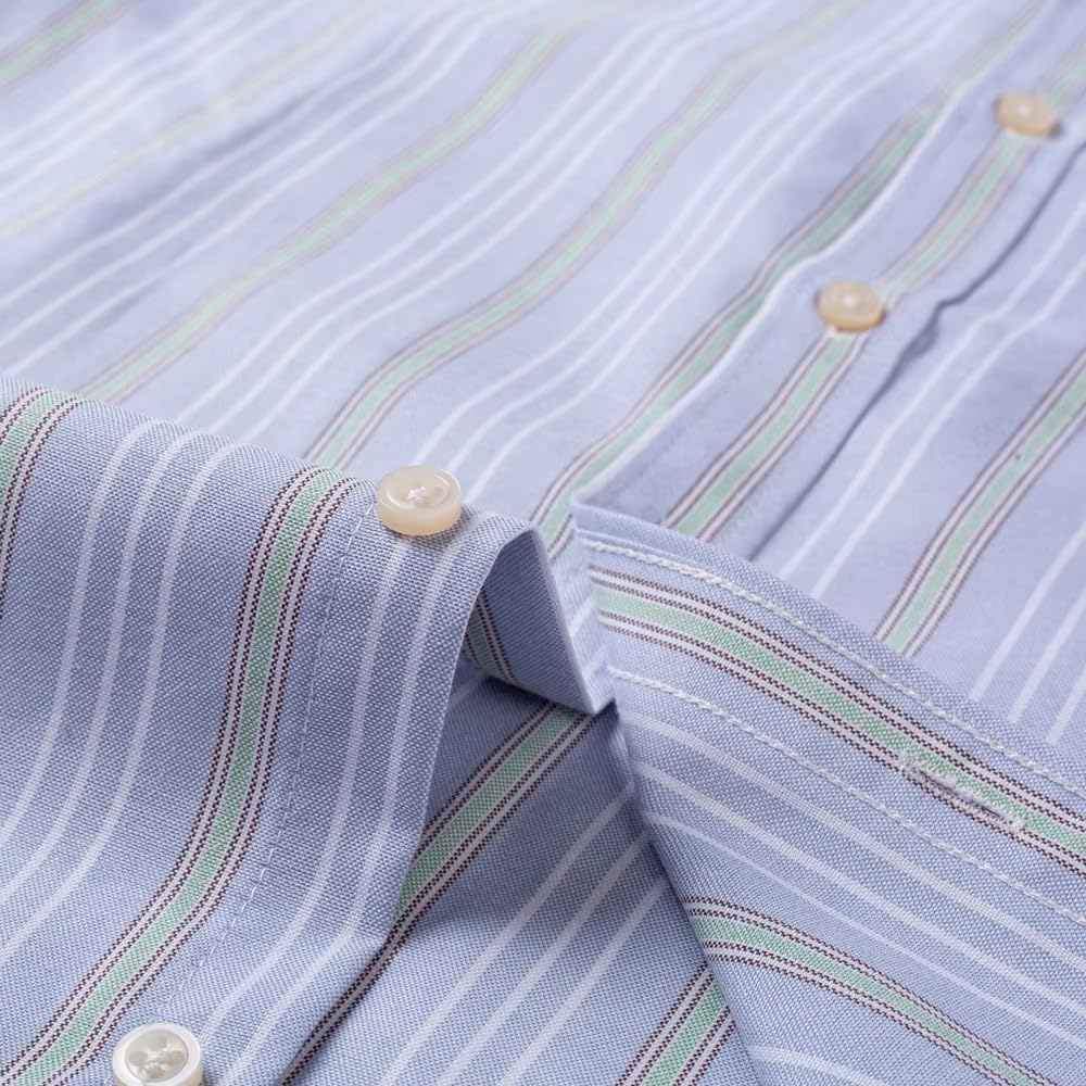 Men's Striped Short Sleeve Shirts Soft Cotton Plaid Casual Button-Down Shirts with Pocket
