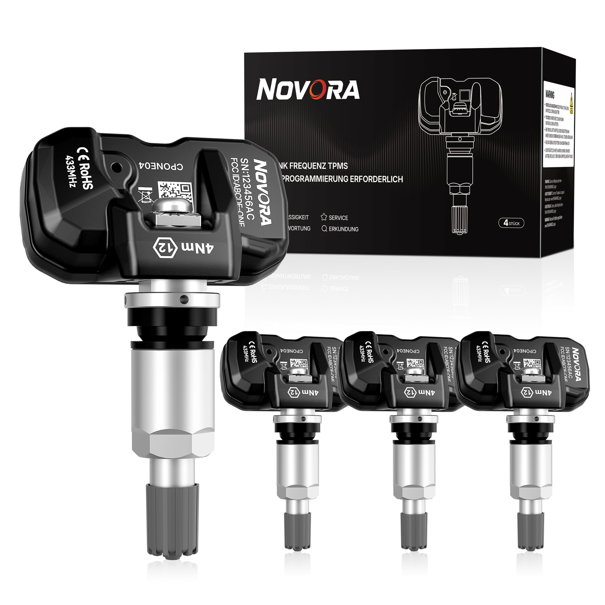 4 Stück TPMS Reifendrucksensor RDKS Sensoren 433 MHz Vorprogrammiert | Mit Variablem Ventilwinkel für Ford,Nissan,Cadillac,Audi,Opel,OE 13581561,13598773,AD43360671AA