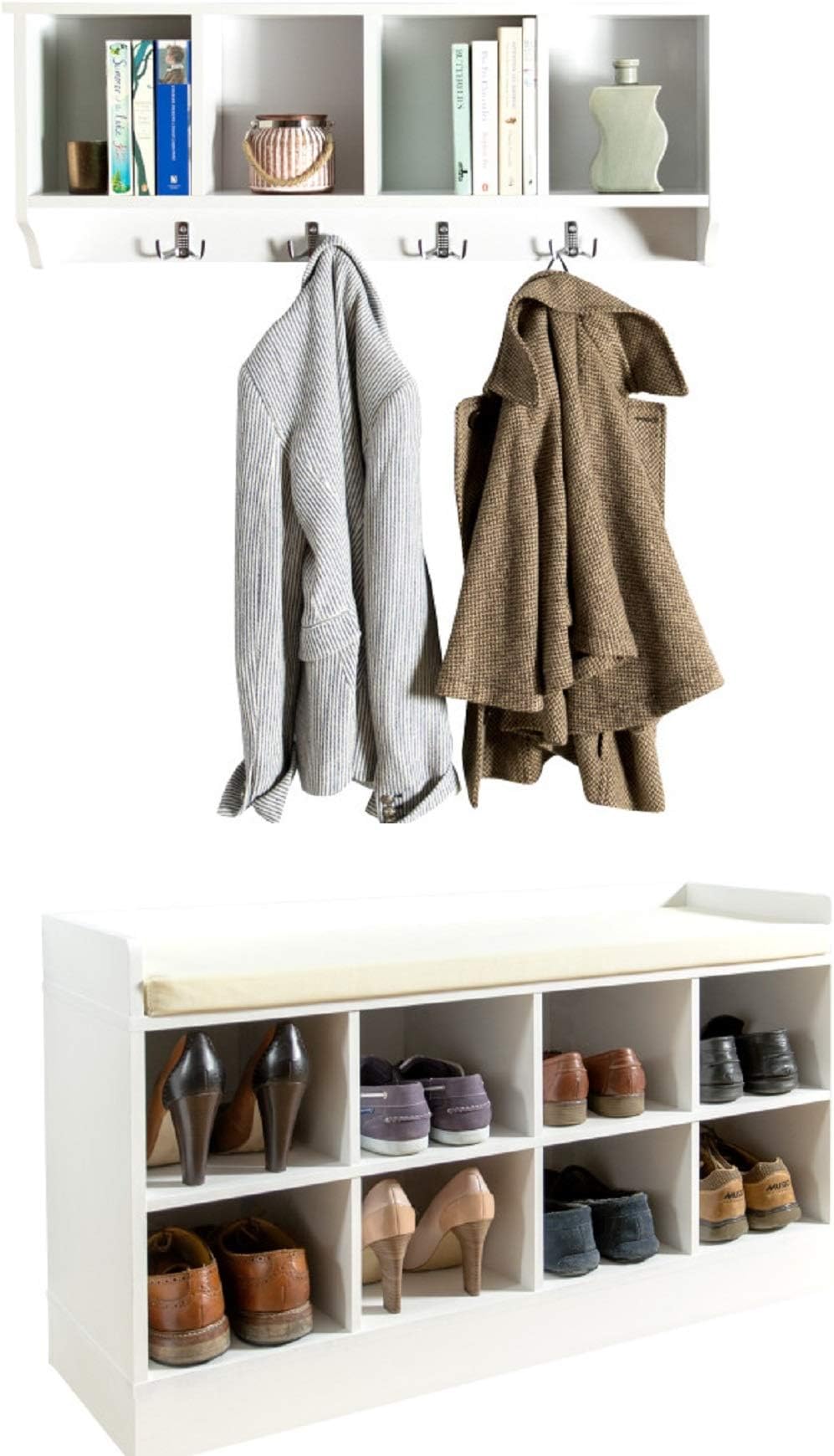 Kempton Hallway Storage Bench and Wall Storage Shelf Rack with Coat Hooks - Perfect Shoe Storage Unit (White)