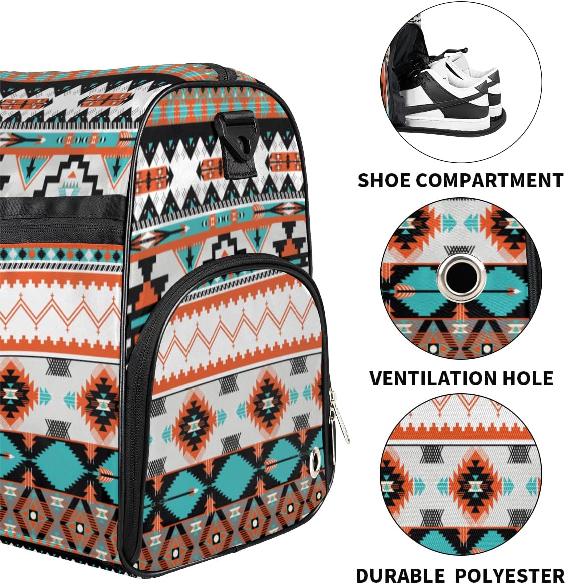 Aztec Travel Duffel Bag, Ethnic Aztec Geometric Sports Tote Gym Bag with Wet Pocket & Shoes Compartment Foldable Weekender Bag Workout Bag Carry on Luggage Handle Bag Overnight Bag for Women Men