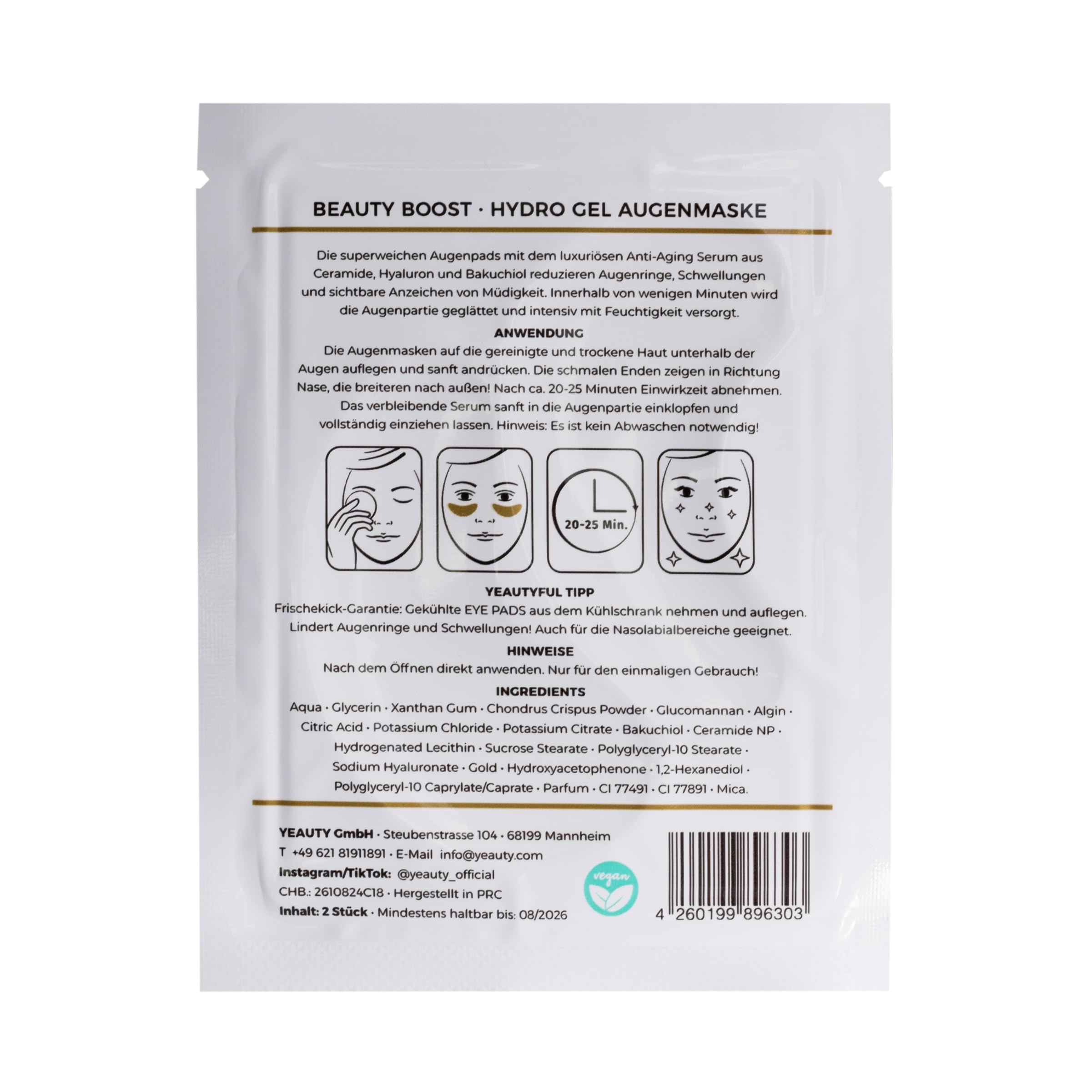 YEAUTY Beauty Boost Eye Pad Mask, super miękkie płatki pod oczy z luksusowym serum przeciw starzeniu się skóry z ceramidu, kwasu hialuronowego i bakuchiolu redukują cienie pod oczami i wygładzają