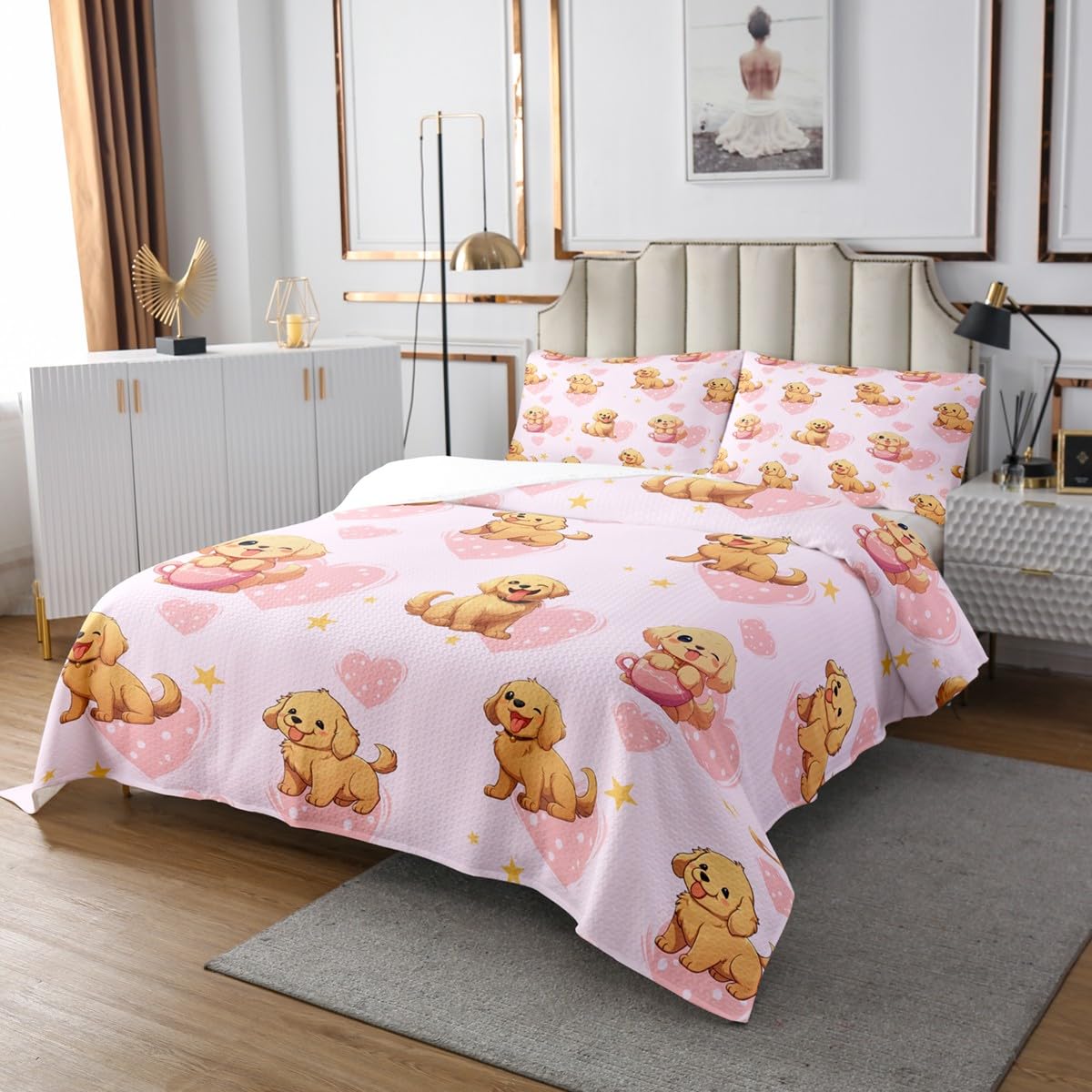 Juego de edredón para cama de matrimonio con diseño de perro y cachorro, juego de colcha Golden Retriever para niños y niñas, juego de colcha de perros de dibujos animados, funda de cama rosa acuarela
