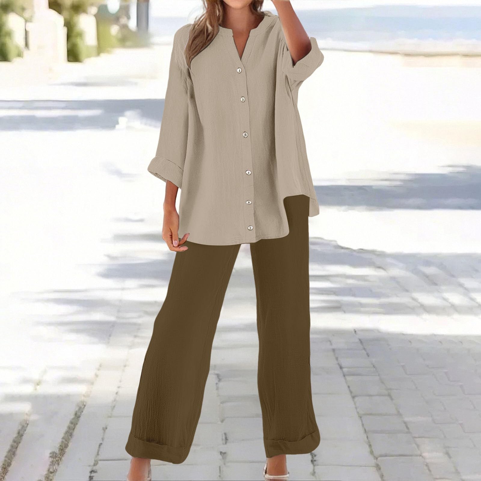 Ensemble Femme Chic Et Elegant Coton Et Lin Lâche Respirant T-Shirts + Pantalon Streetwear Tenue De Sport Costume Tailleur Décontracté Tenue De Plage Loungewear Set Pantalon Survetement