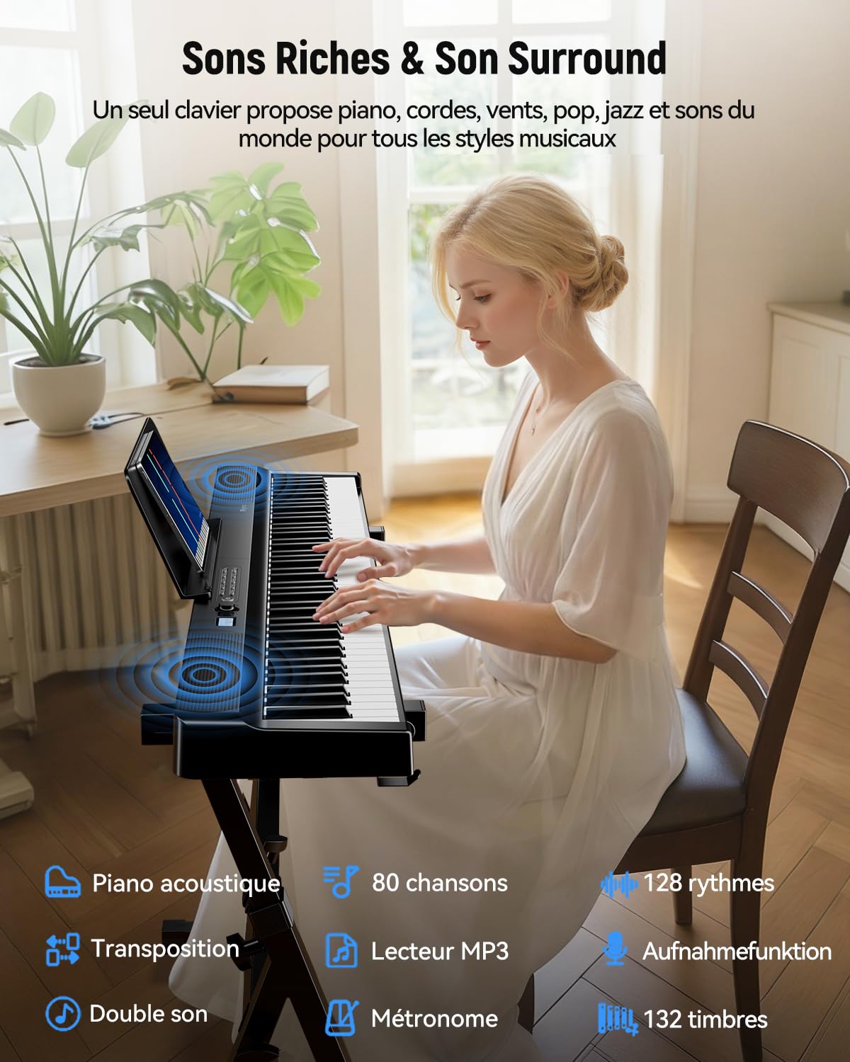 Piano Pliable 88 Touches, Rhymo Piano Numérique Portable avec Touches Semi-Lestées Taille Réelle, Haut-parleurs 30W, Bluetooth MIDI, Pédale de Sustain, Autonomie 10h, Débutants & Adultes (Noir)