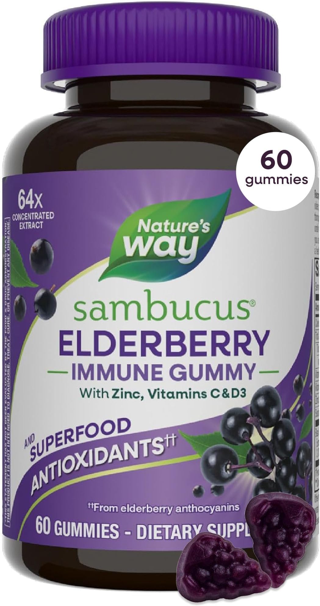 Nature's Way Sambucus Elderberry Gummies, Immune Support Gummy for Adults & Kids Ages 4+ with Black Elderberry Extract, Vitamin C, Vitamin D3, and Zinc*, 60 Gummies (Pack of 12) 60 Count (Pack of 12)