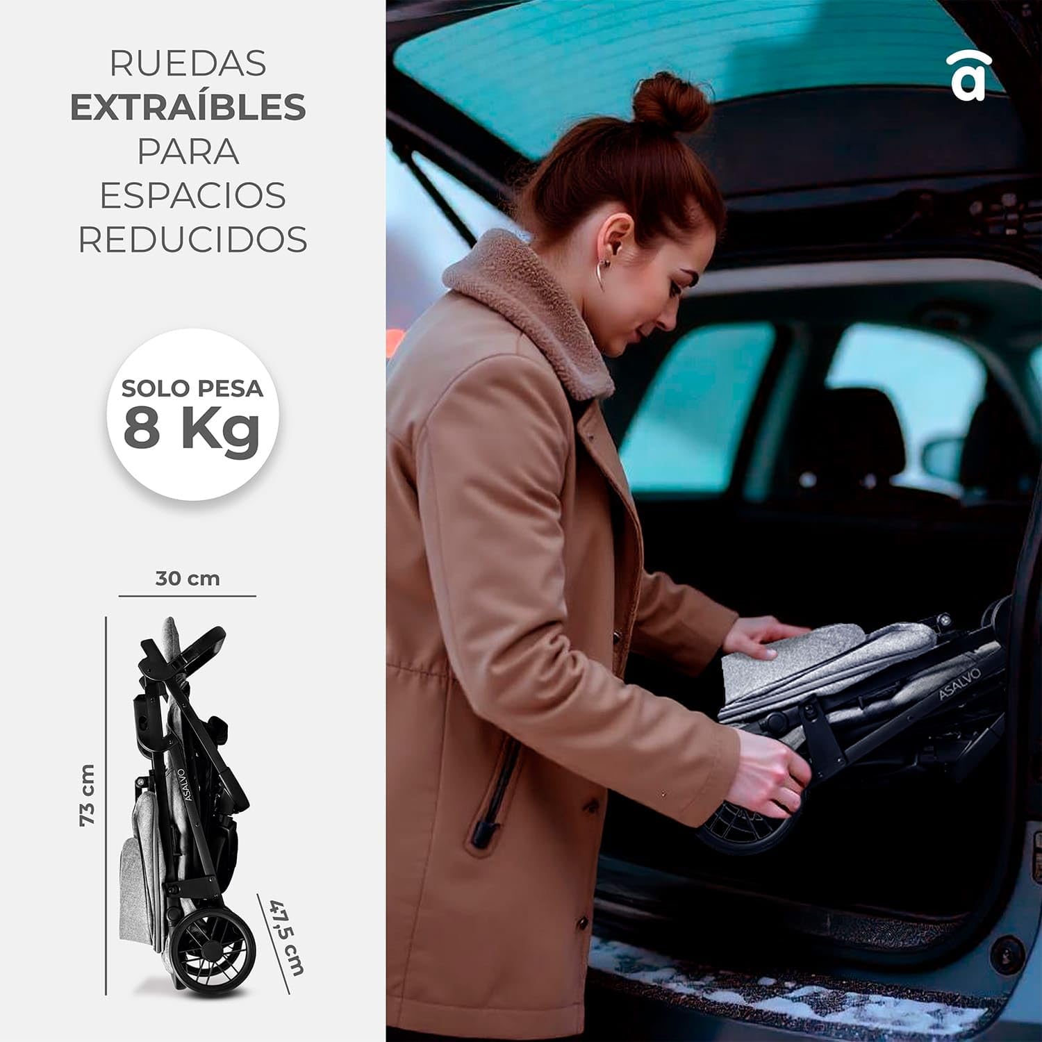 Asalvo NESS 2 Silla de Paseo para bebé, Carrito de paseo con Respaldo Reclinable, Cochecito urbano, Arnés 5 Puntos, SPF50+, Gran Capota con Ventana, Manejable y Máxima Seguridad Hasta 24 kg, Gris