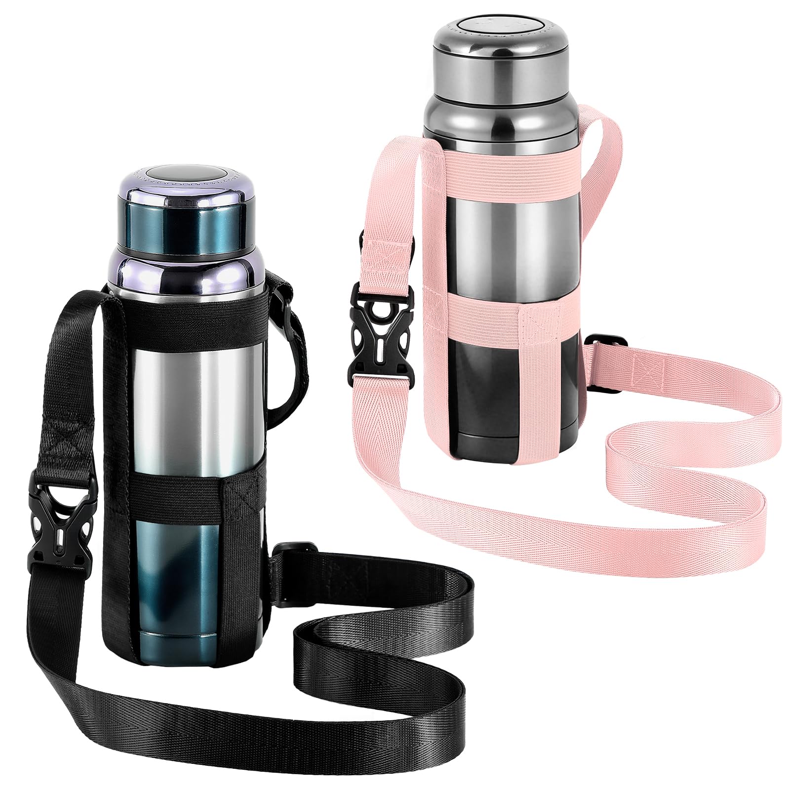 Nuovoware Water Bottle Holder with Strap, 2 Pack Elastic Water Bottle Sling Bag for 500ml-1000ml, Lightweight Crossbody Bag with Shoulder Strap for Walking Hiking Camping Traveling, Pink+Black