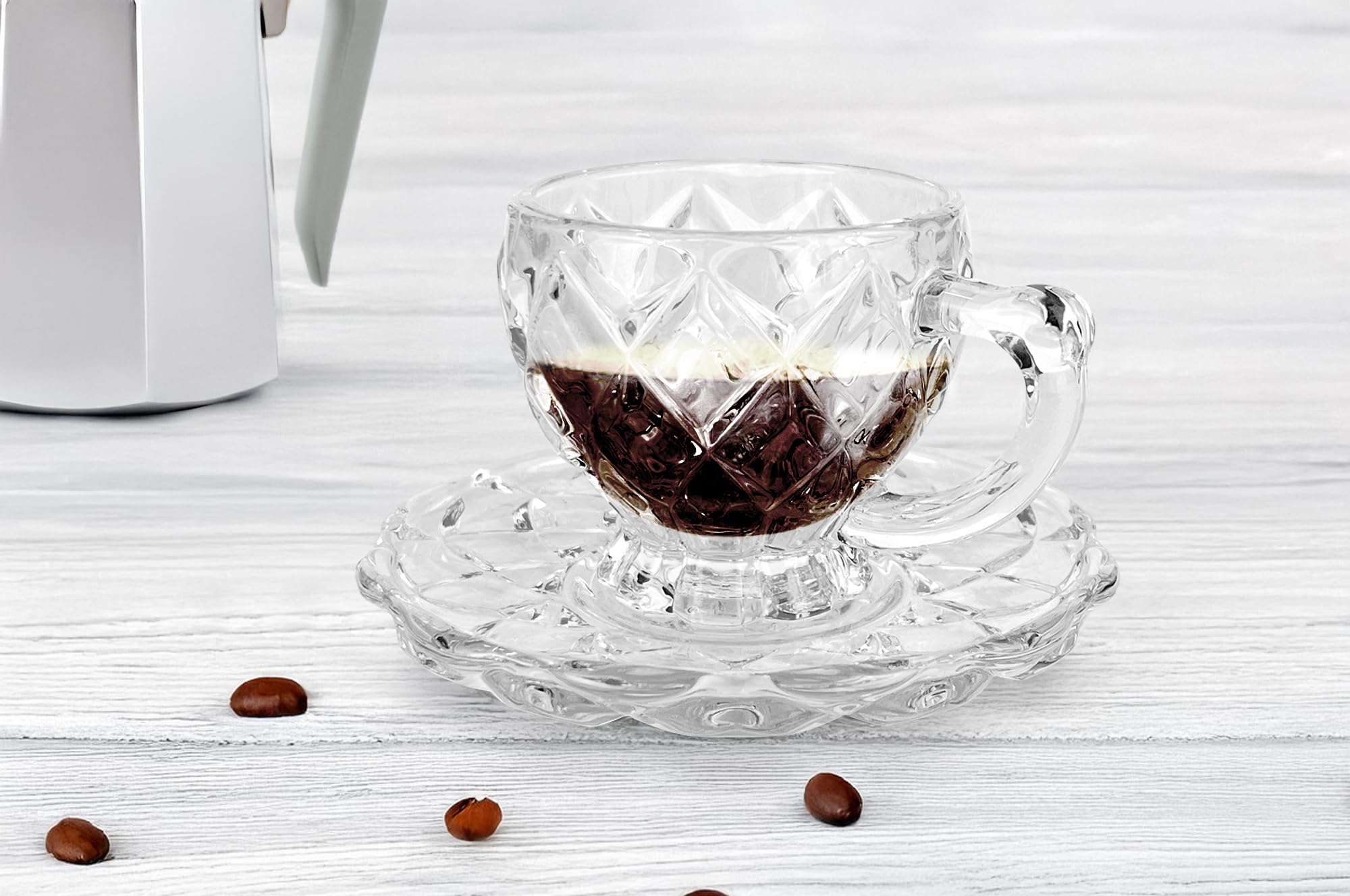 IlGruppone Set 6 Tazzine caffè in Vetro con Piattino Eleganti 100 ML Lavabili in Lavastoviglie Trasparenti Certificate Contatto Alimentare in Elegante Confezione Regalo Ricamate Bicchierini Coplenza