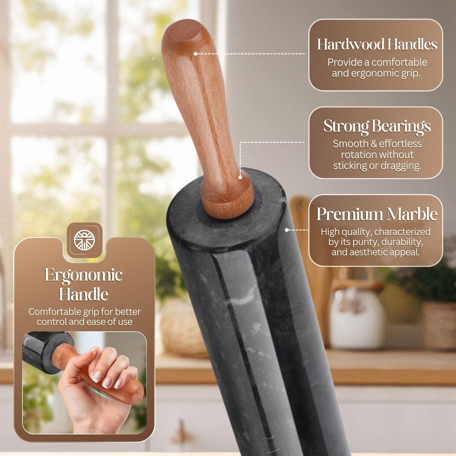 Flexzion Rodillo de mármol negro, 10 pulgadas con mango de madera y soporte de base de soporte, rodillo de mármol para hornear, pastelería, pizza, masa, fondant, galletas, corteza, pasta, panadería,