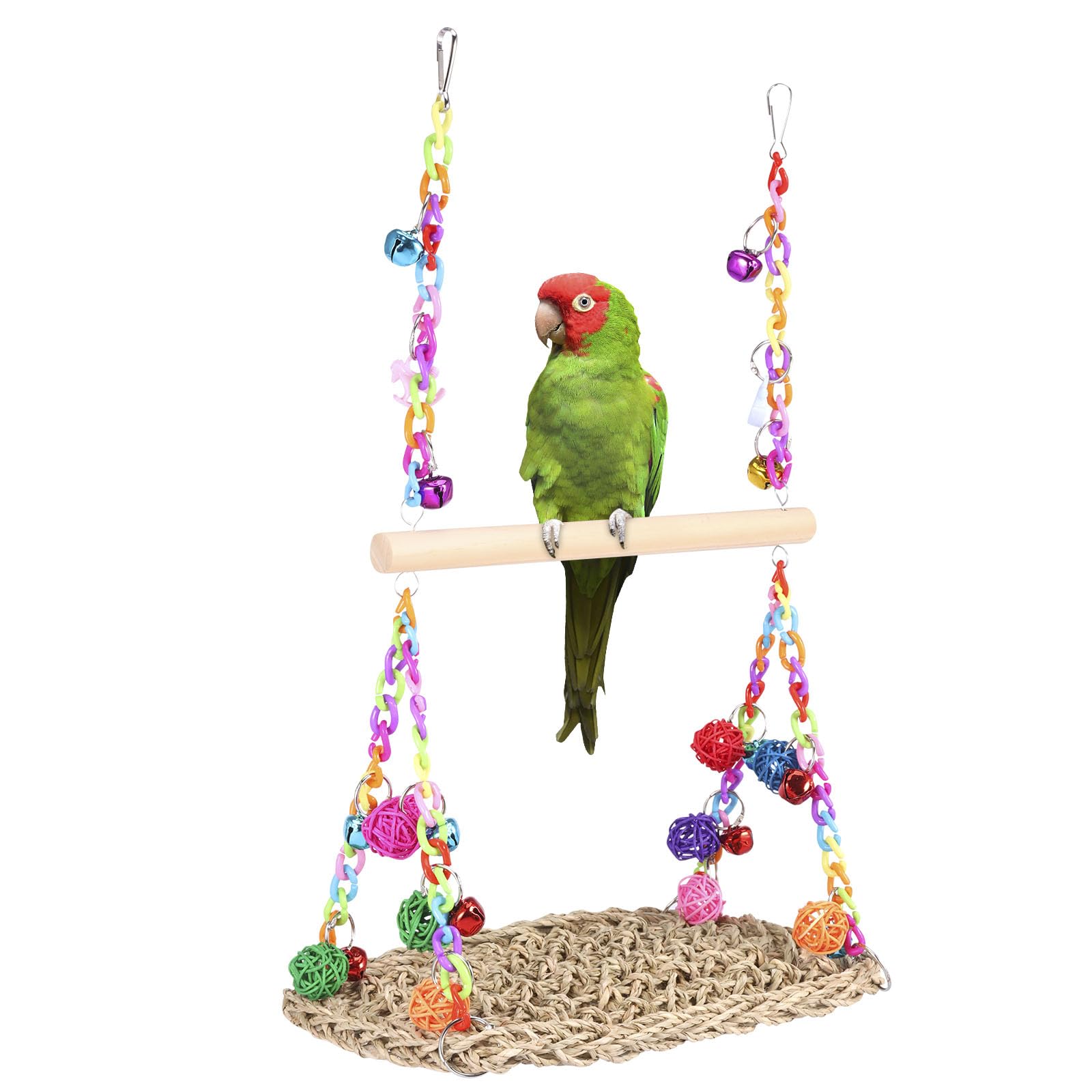 LuLobtg Bird Swing Toys, Double Layer Parrot Climbing Hammock with Wood Perch, Seagrass Woven Parrot Platform, Bird Perch Stand Chewing Toy for Parakeets, Budgie, Conure, Cockatiel, Lovebird