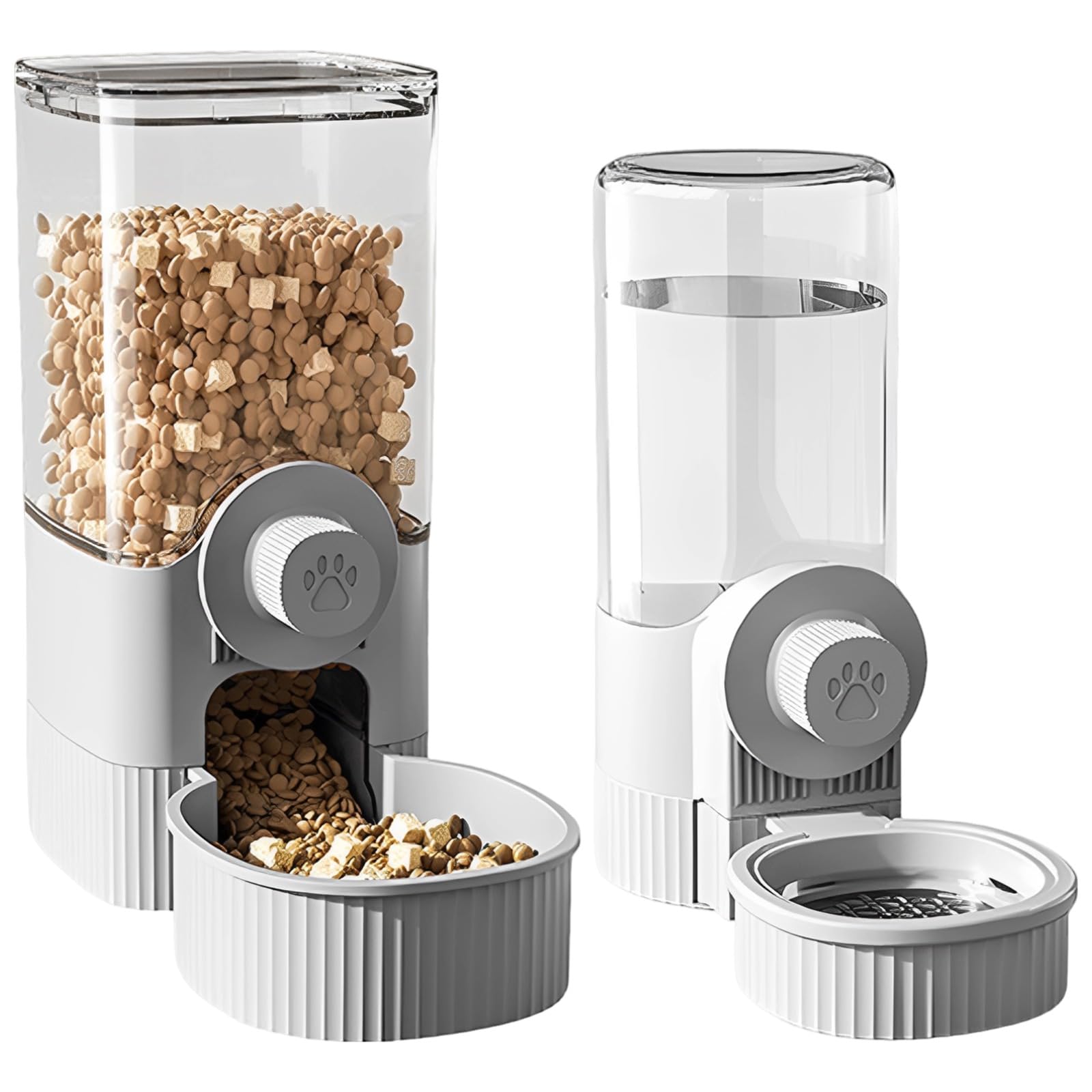 Futter- und Wasserspender-Set in Grau, automatischer Nachfluss für Wasser, Futterspender mit breiter Schale, Material aus PP, AS und PET, außen am Käfig montiert, für Hunde und Katzen