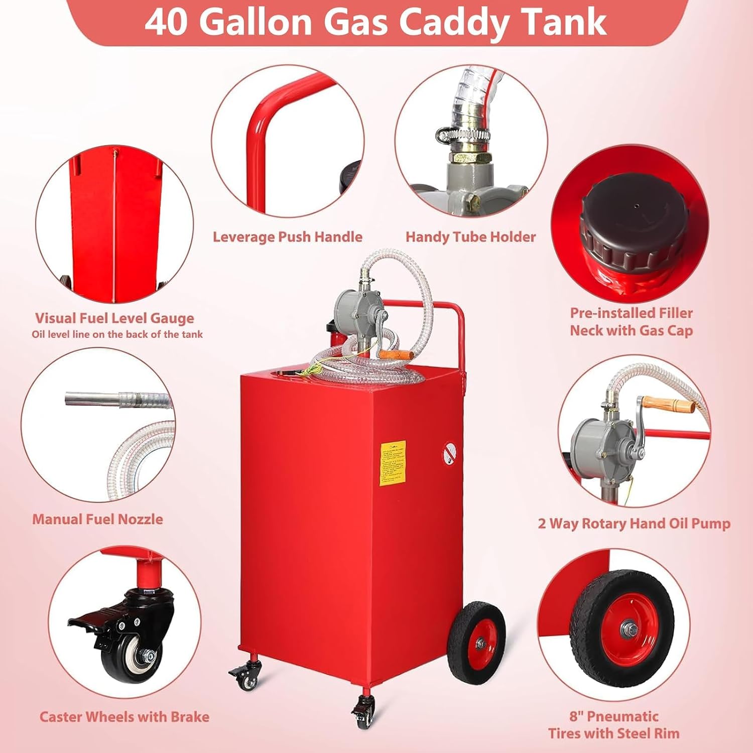 40 Gallon Portable Fuel Caddy with Manual Pump & Grounding Wire – Heavy-Duty HDPE Gas & Diesel Transfer Tank on 4 Wheels, 10ft Spill-Proof Hose, Rolling Gas Can for Boat, Truck, ATV, Farm & Generator