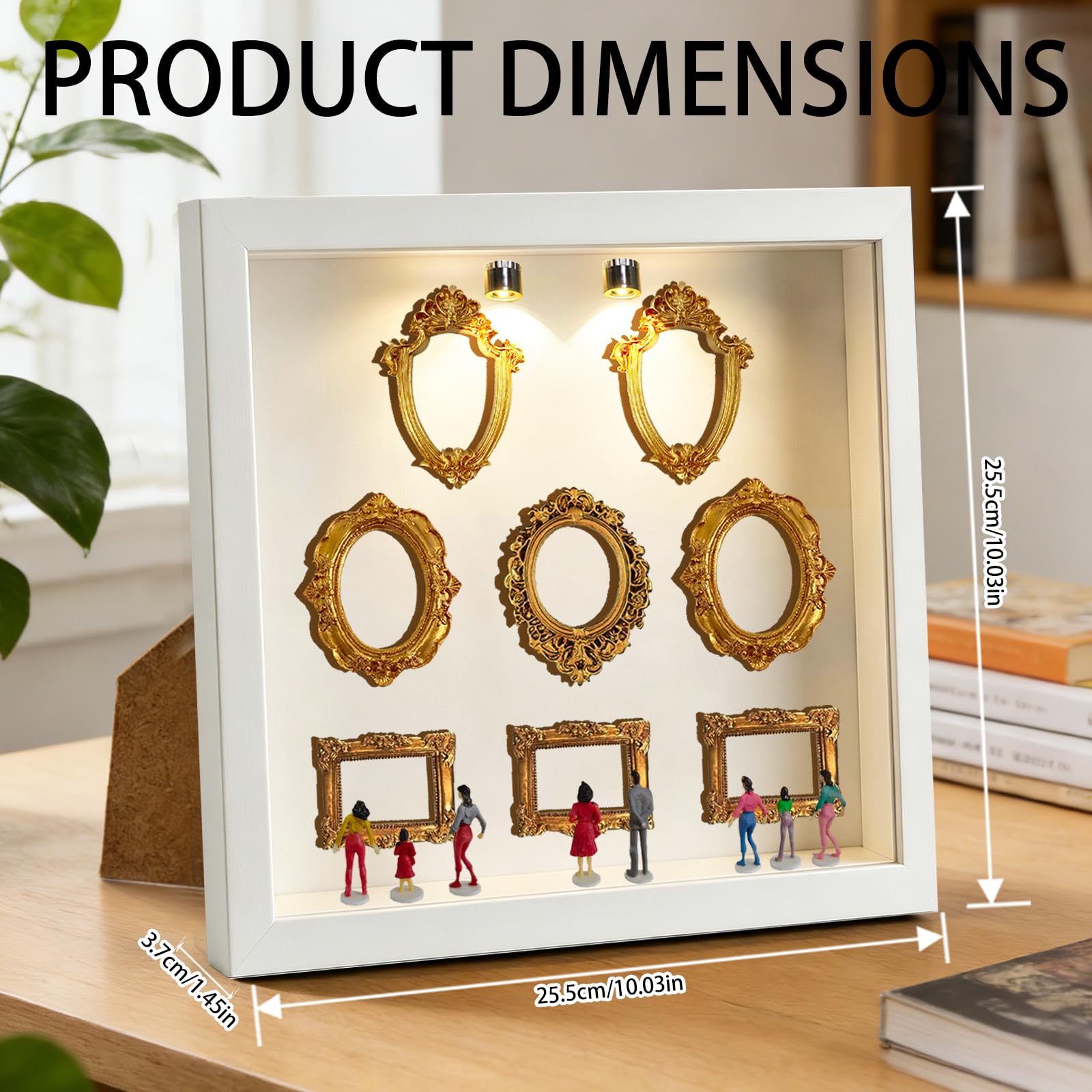 YOUYIKE Mini Muzeum Ramka na zdjęcia z diodami LED, zestaw do zrobienia własnej białej ramki Muzeum nas z 8 mini złotymi małymi obrazami i miniaturowymi figurkami do dekoracji wnętrz, prezent ślubny