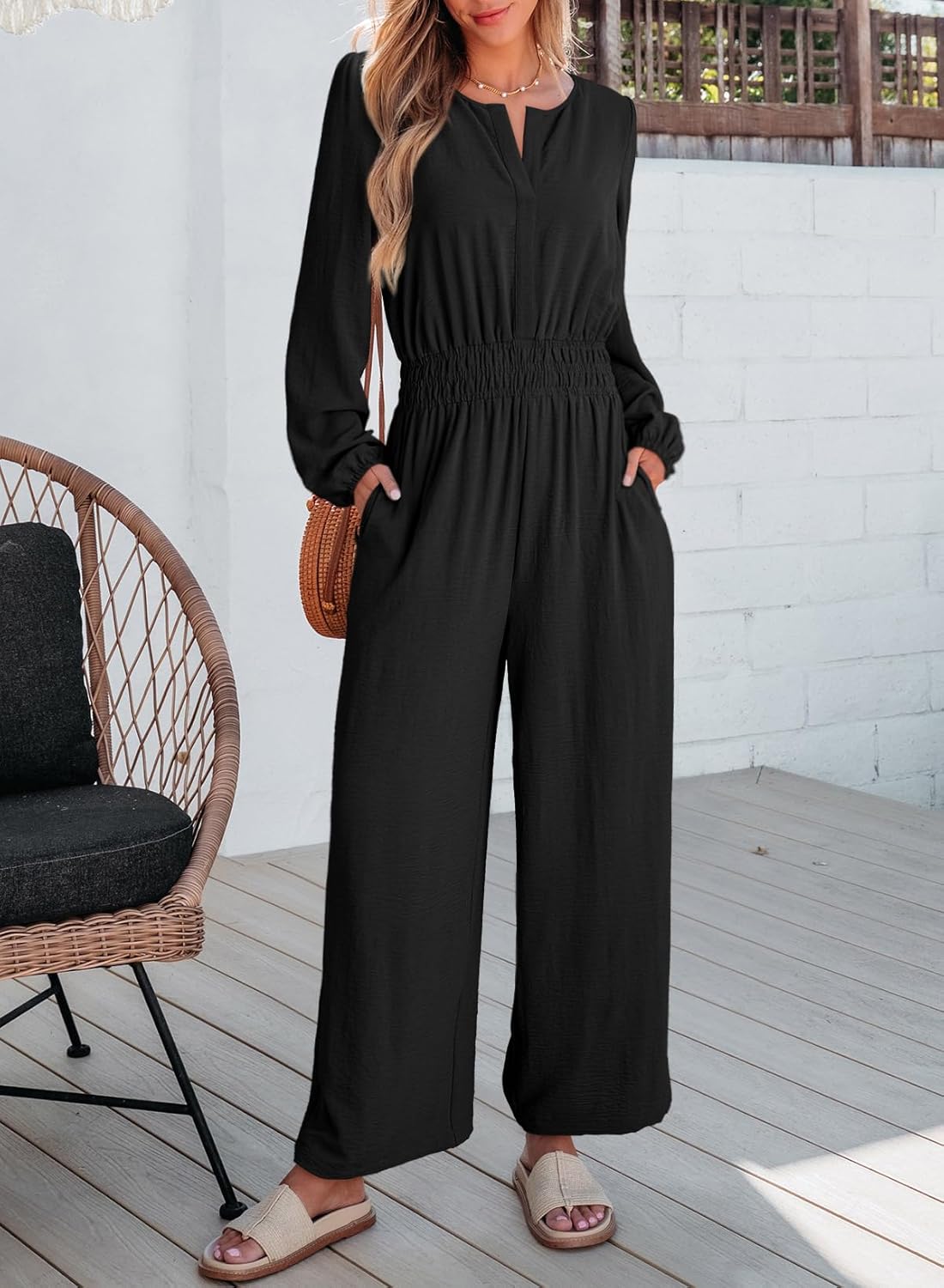 Dokotoo Women's Casual Jumpsuits Loose Long Sleeves Overalls One Piece Button Wide Leg Pant Rompers With Pockets