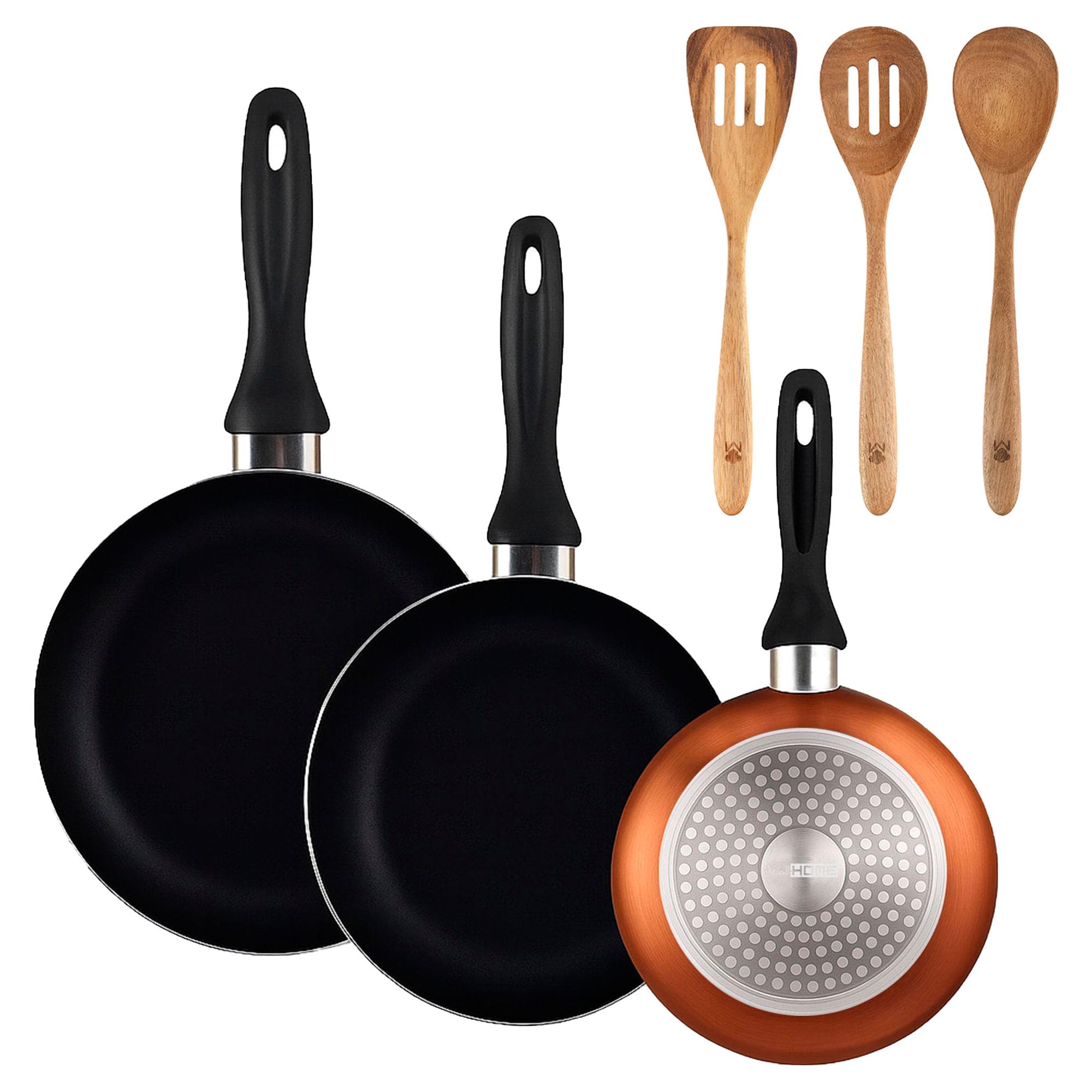 Poêles Ø16 Ø20 Ø24 cm Well Home anti-rayures grâce aux 3 ustensiles de cuisine en acacia