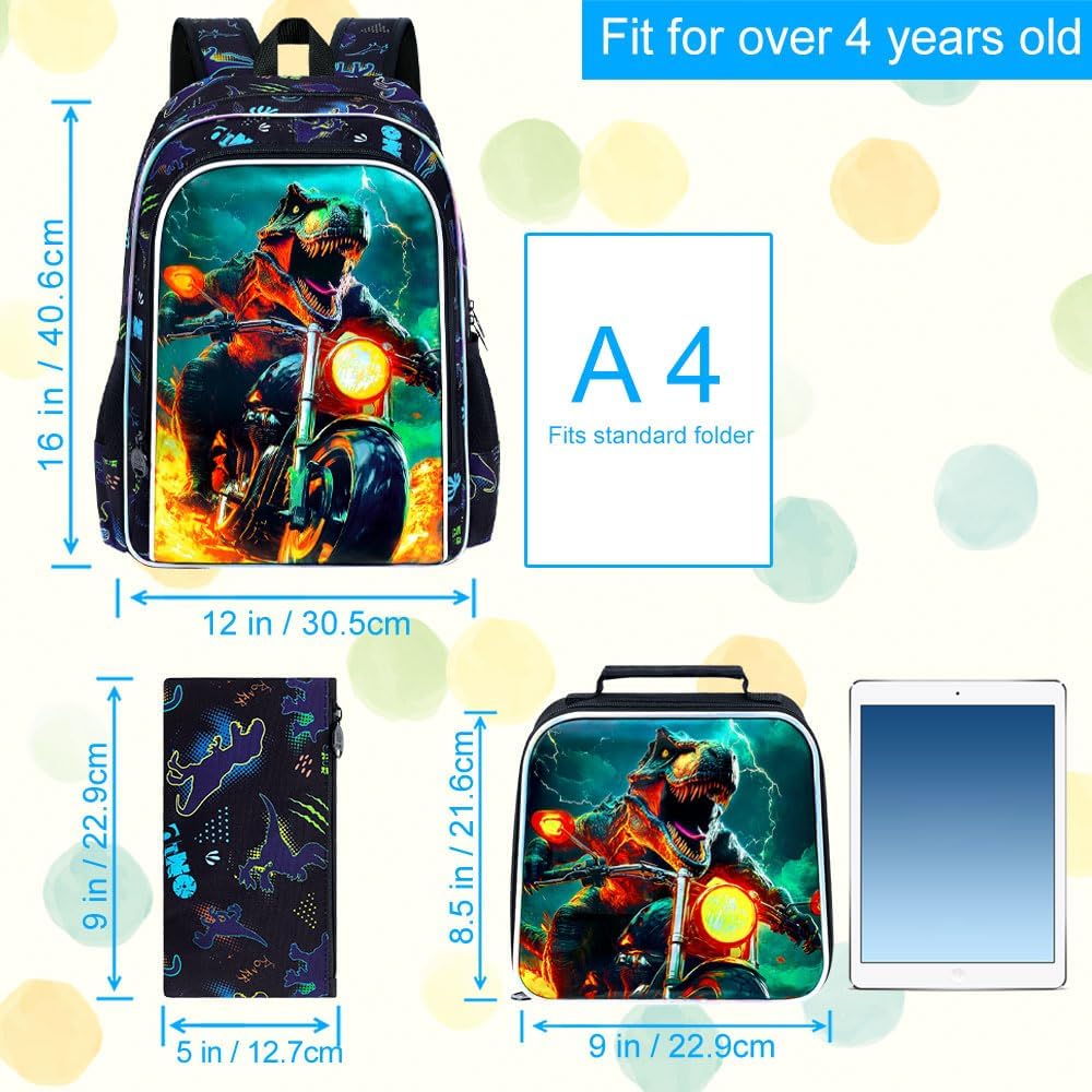 KLFVB 3PCS Dinosaur Preschool Backpack Set, Water Resistant 16" Bookbag for Boys with Lunch Box - Motorcycle Dinosaur
