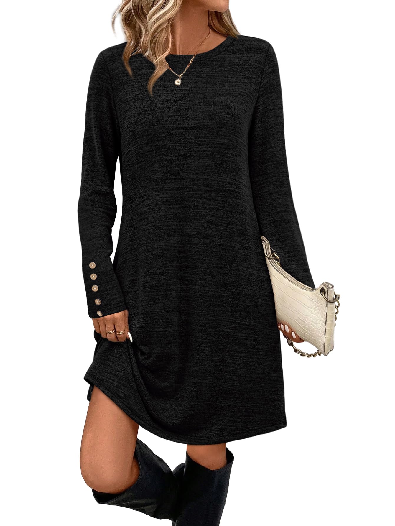 Long Sleeve Dress for Women Crew Neck Tunic Dress with Pockets Decorative Buttons
