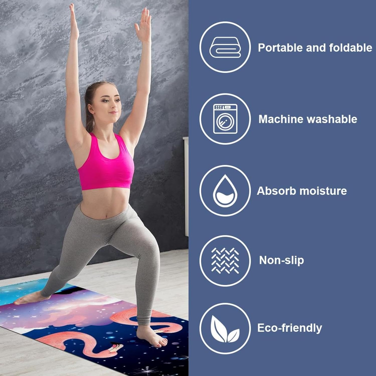 Yoga Towel, Galaxy Flamingo Pattern Non Slip Sweat Absorbent Hot Yoga Mat Towel for Hot Yoga, Pilates and Fitness - 72.8" x 26.8"