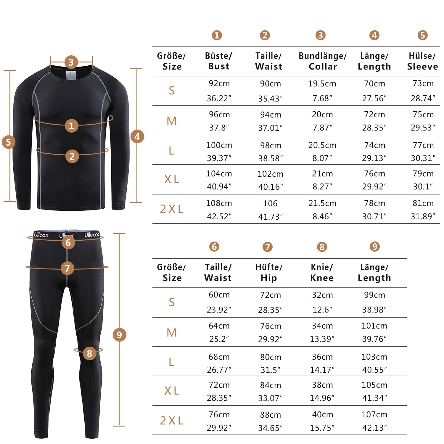 Ulicox Biancheria Intima Termica da Uomo Set Intimo Termico Traspirante Asciugatura Rapida Nero S-2XL