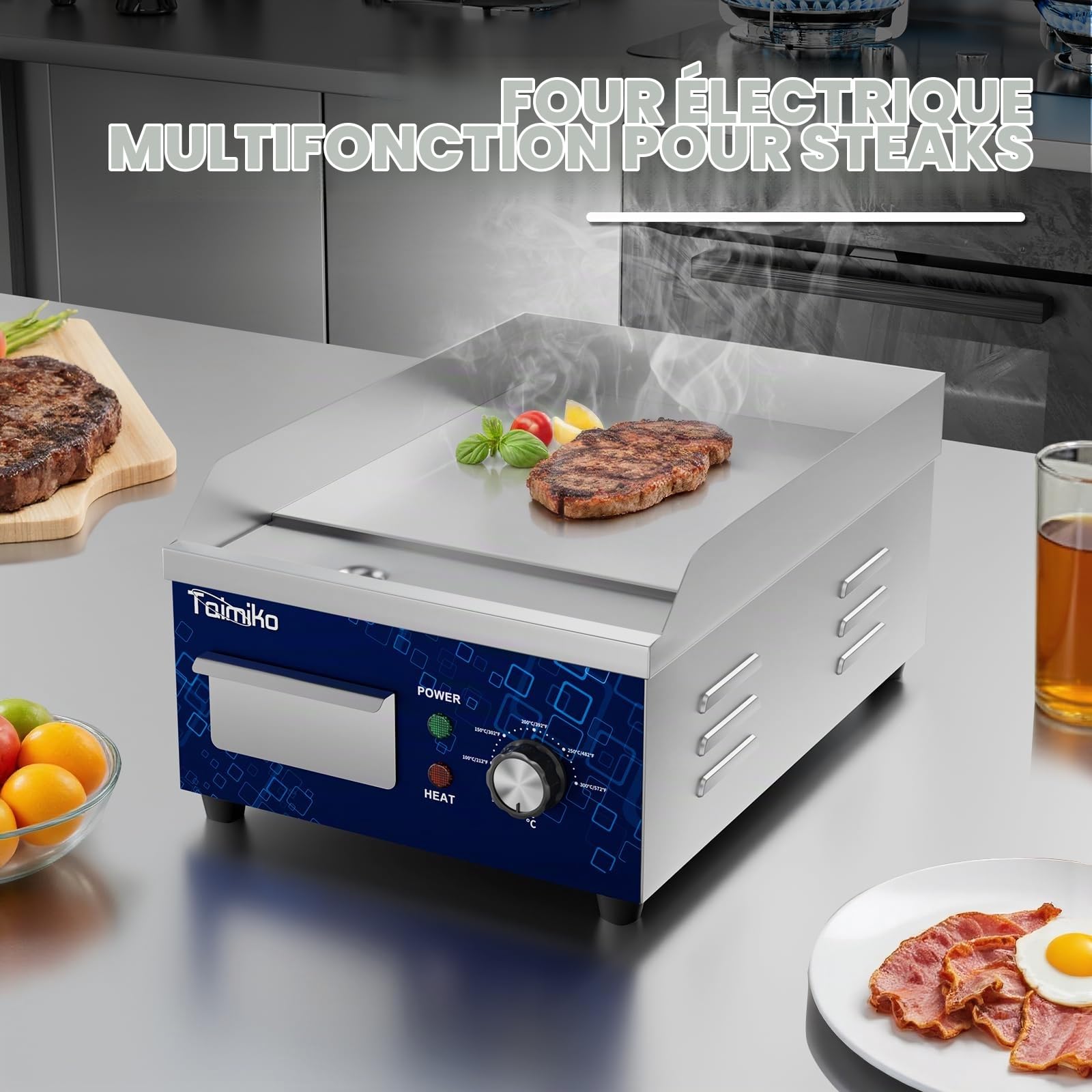 TAIMIKO Plancha Électrique Professionnelle Plaque de barbecue en Acier Inoxydable Plaque de Gril en Fonte lisse 50-300 ℃